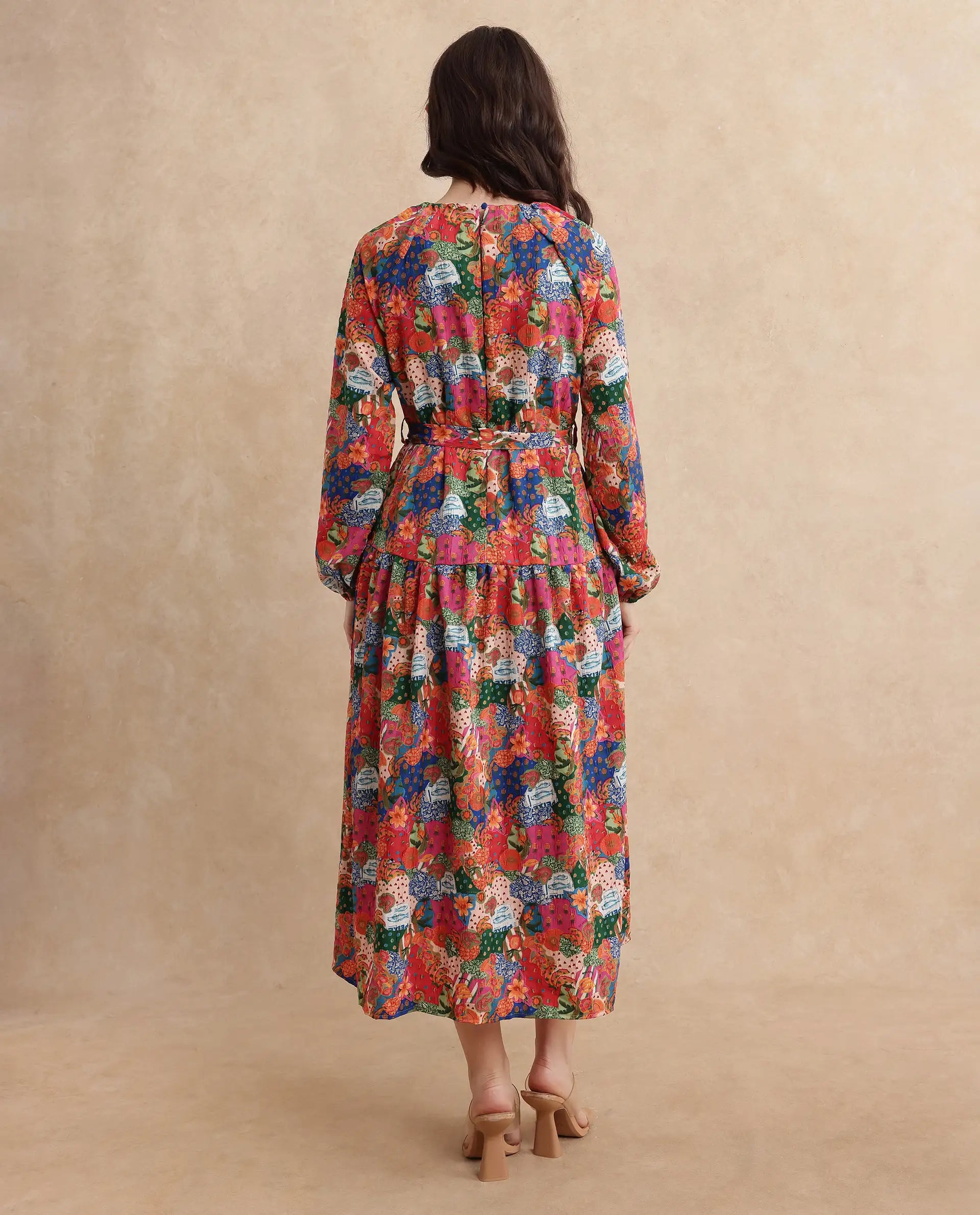 Rareism Women's Lokop Multi Polyester Blend Fabric Round Neck Zipper Closure Raglan Sleeve Abstract Fit And Flare Midi Dress