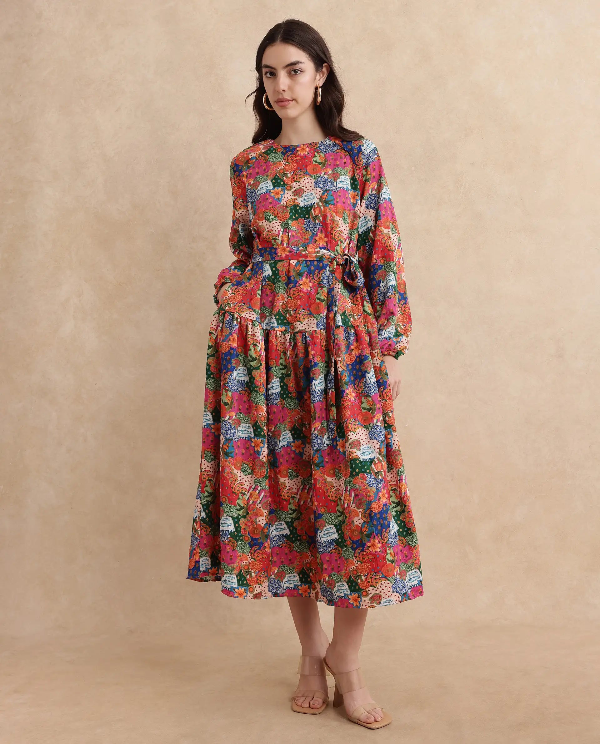 Rareism Women's Lokop Multi Polyester Blend Fabric Round Neck Zipper Closure Raglan Sleeve Abstract Fit And Flare Midi Dress