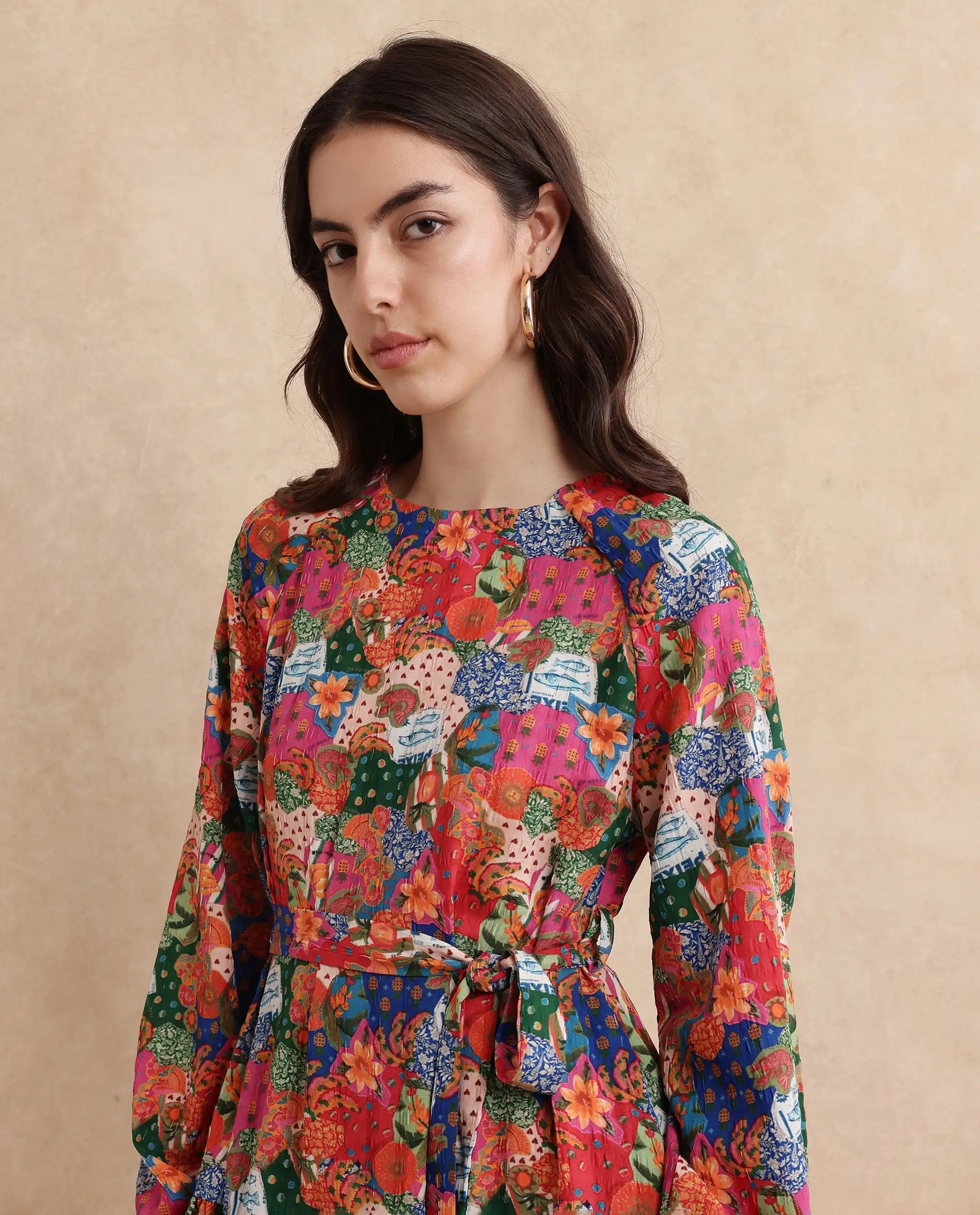 Rareism Women's Lokop Multi Polyester Blend Fabric Round Neck Zipper Closure Raglan Sleeve Abstract Fit And Flare Midi Dress