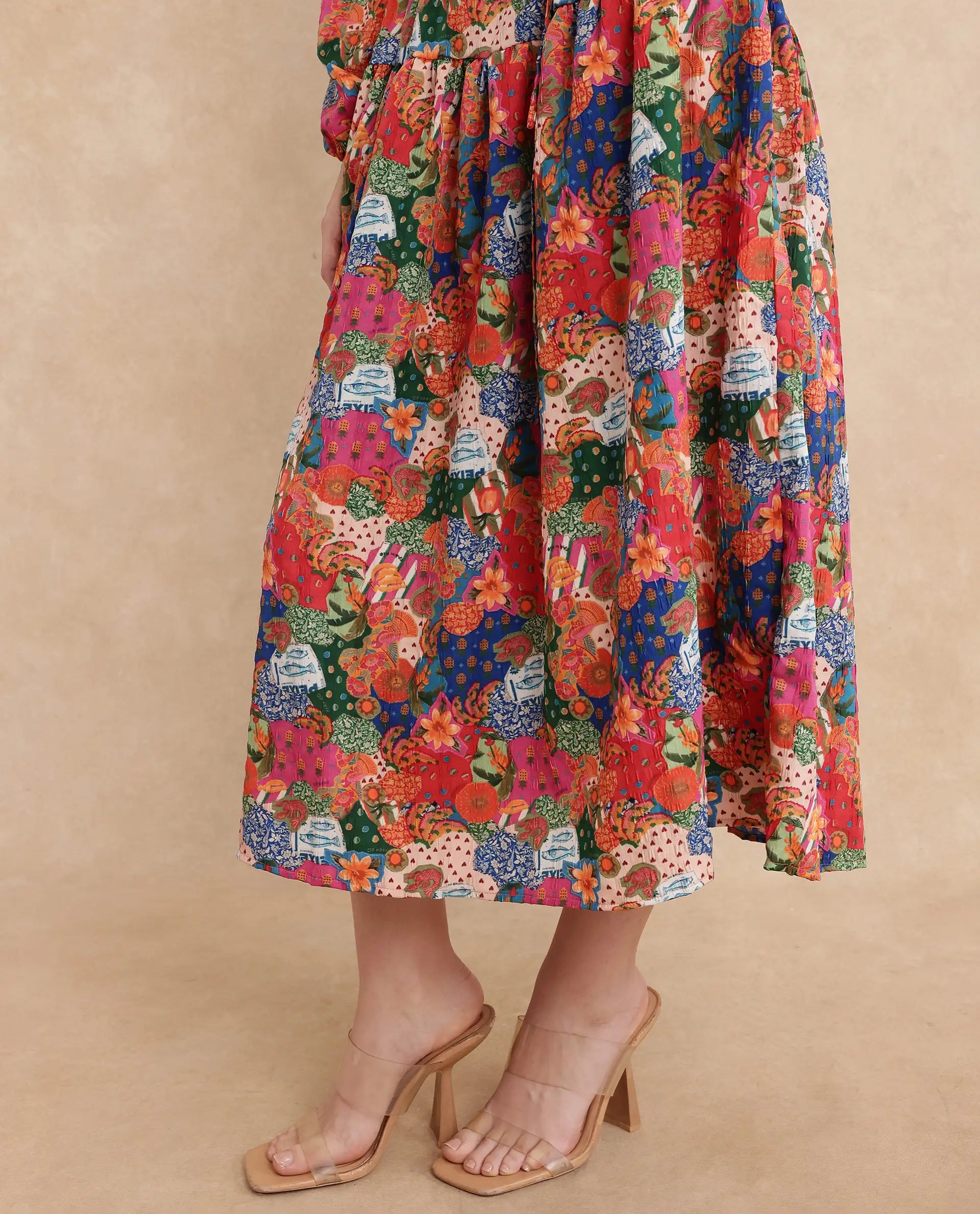 Rareism Women's Lokop Multi Polyester Blend Fabric Round Neck Zipper Closure Raglan Sleeve Abstract Fit And Flare Midi Dress