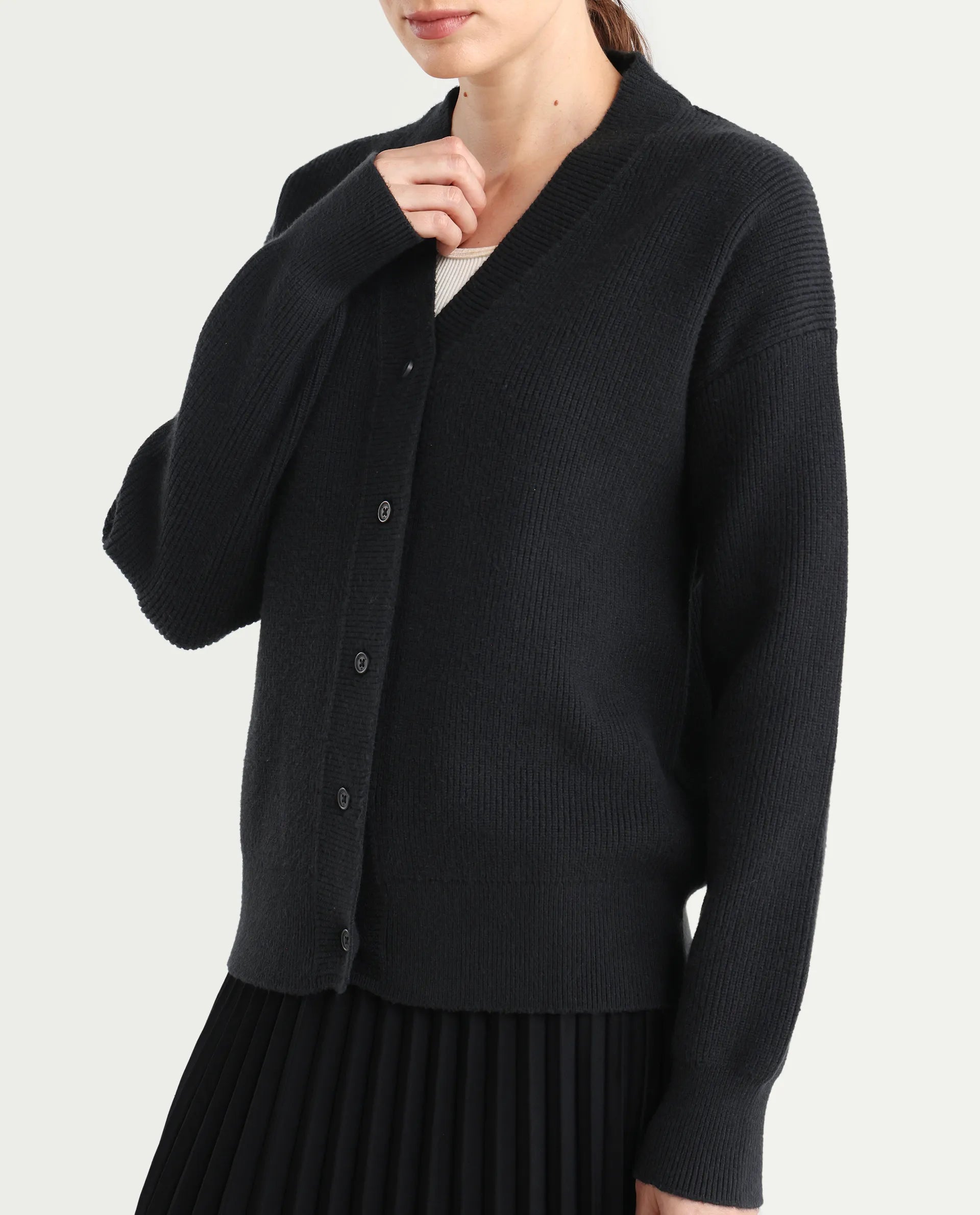 Rareism Women's Lola Black Acrylic V-Neck Regular Fit Plain Cardigan