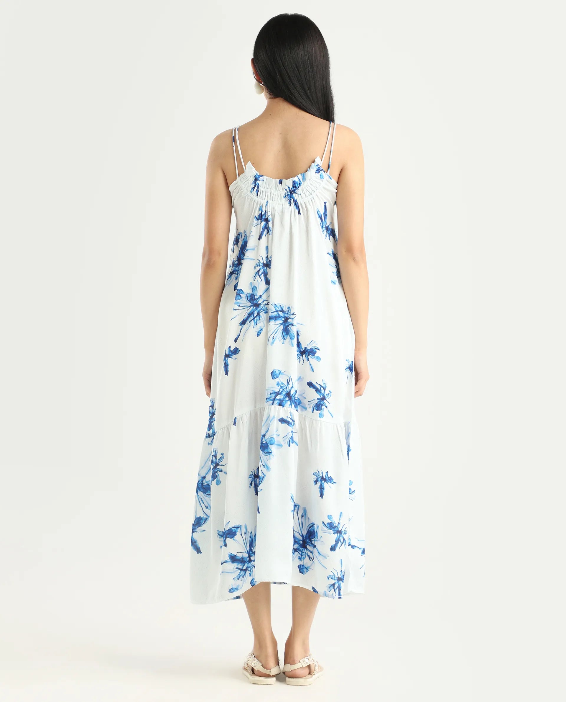 Rareism Women's Lola White Polyester Shoulder Strap Abstract Print Shoulder Strap Midi Regular Fit Dress