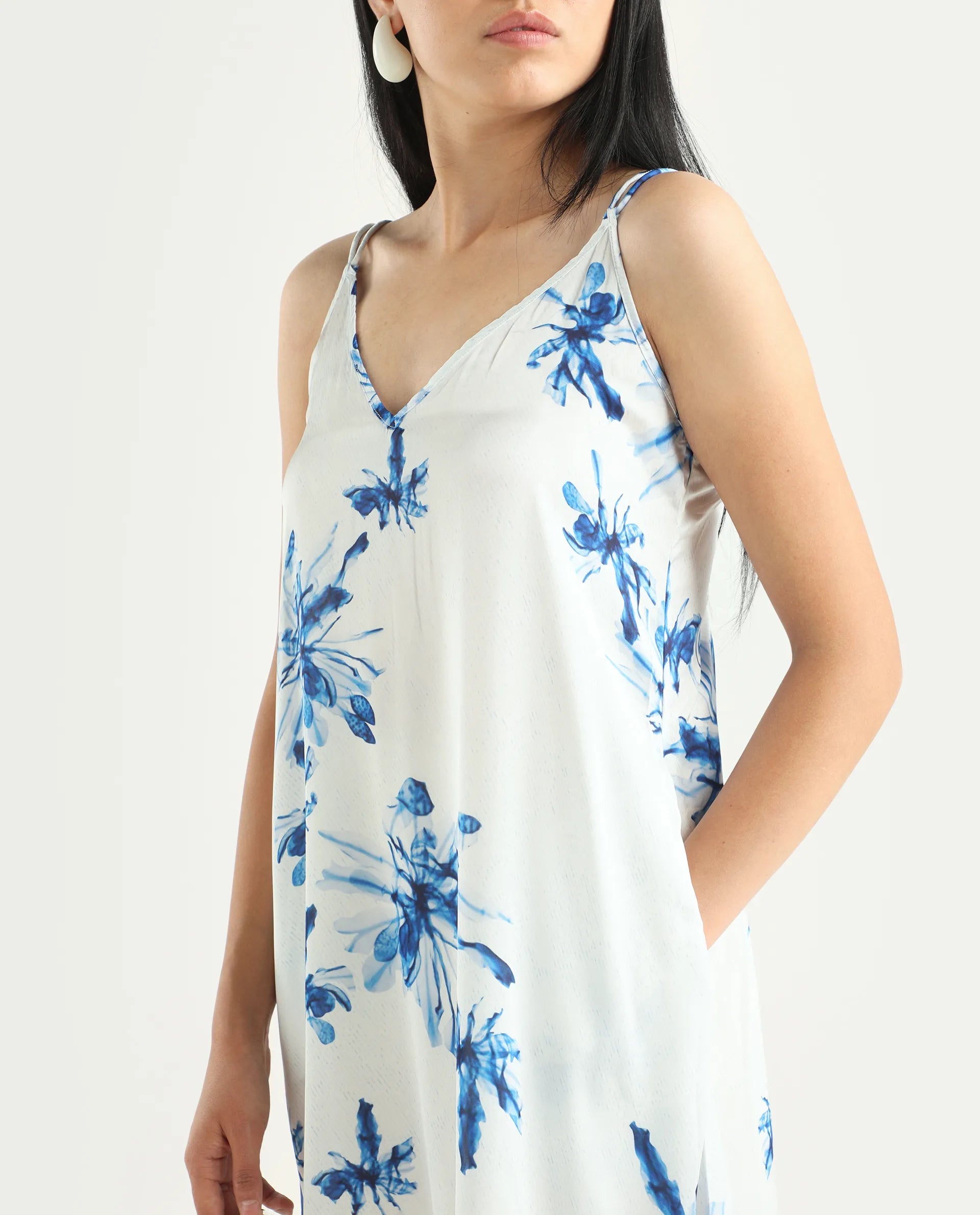 Rareism Women's Lola White Polyester Shoulder Strap Abstract Print Shoulder Strap Midi Regular Fit Dress