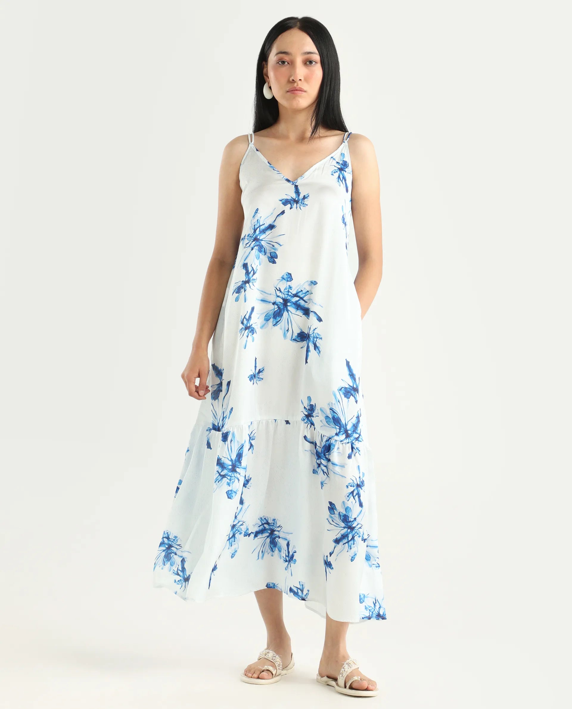 Rareism Women's Lola White Polyester Shoulder Strap Abstract Print Shoulder Strap Midi Regular Fit Dress