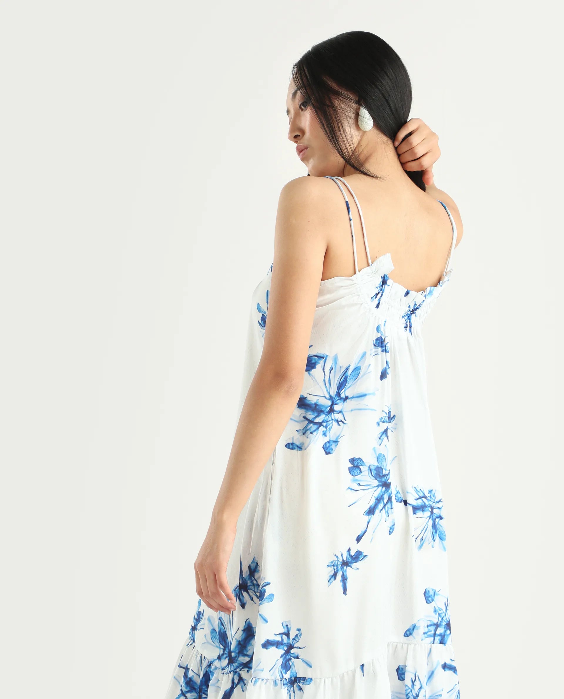 Rareism Women's Lola White Polyester Shoulder Strap Abstract Print Shoulder Strap Midi Regular Fit Dress