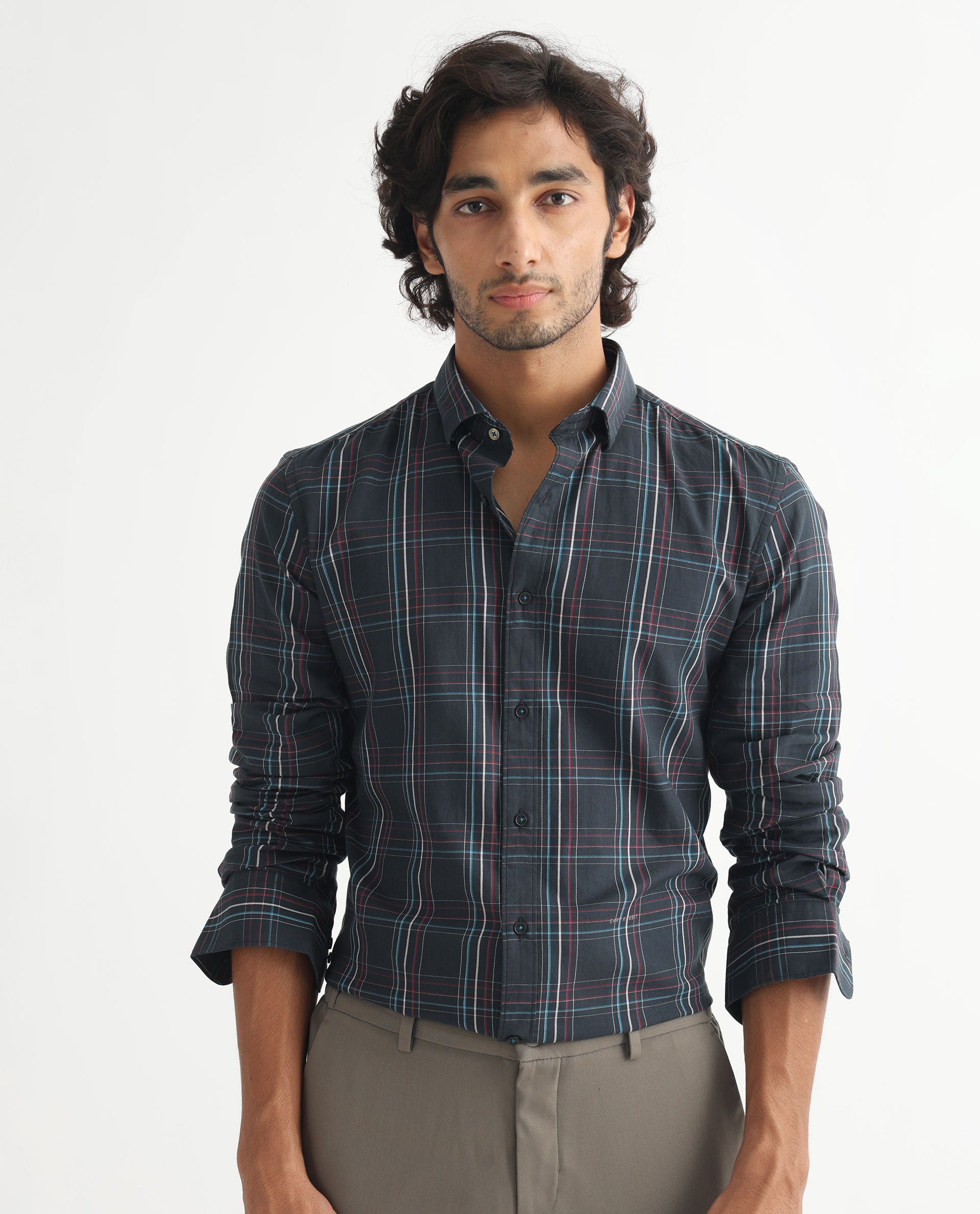 Rare Rabbit Men's Lome Navy Cotton Fabric Full Sleeves Checks Shirt