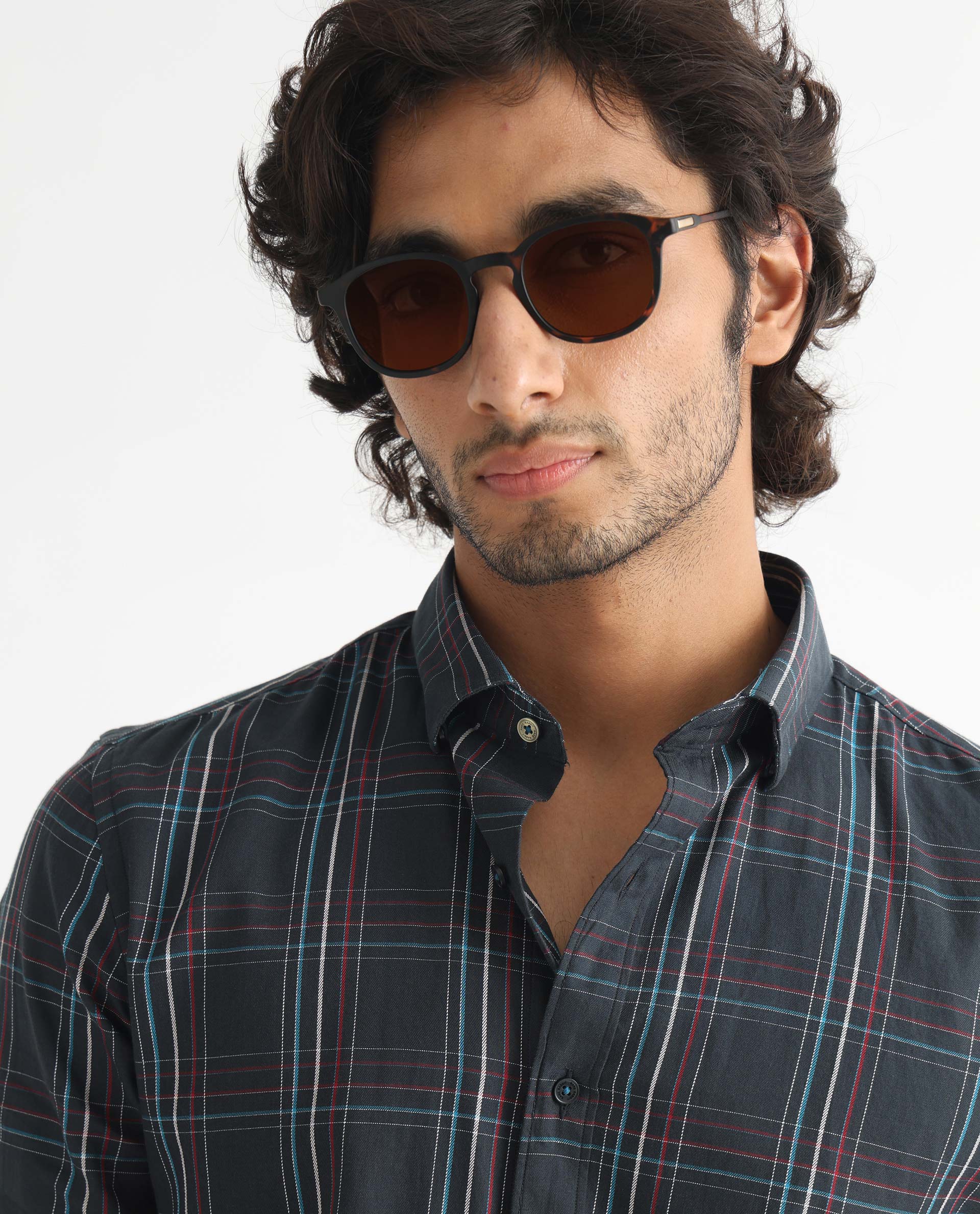 Rare Rabbit Men's Lome Navy Cotton Fabric Full Sleeves Checks Shirt