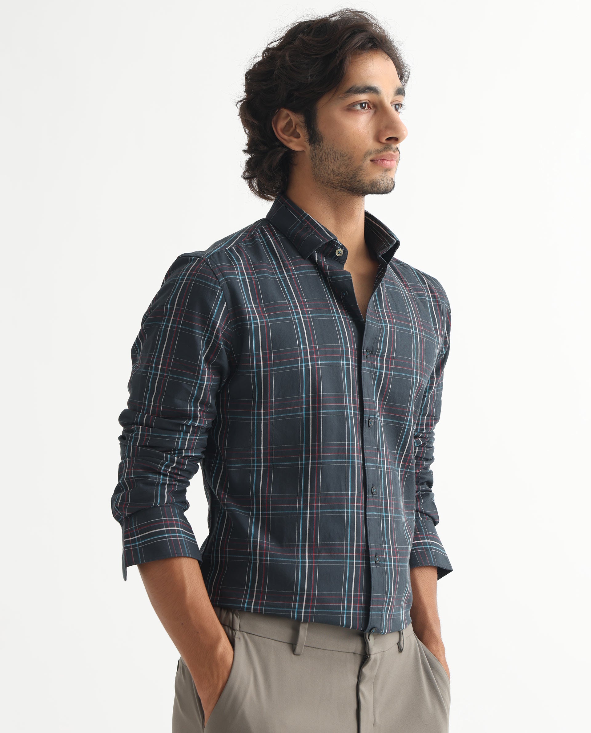 Rare Rabbit Men's Lome Navy Cotton Fabric Full Sleeves Checks Shirt