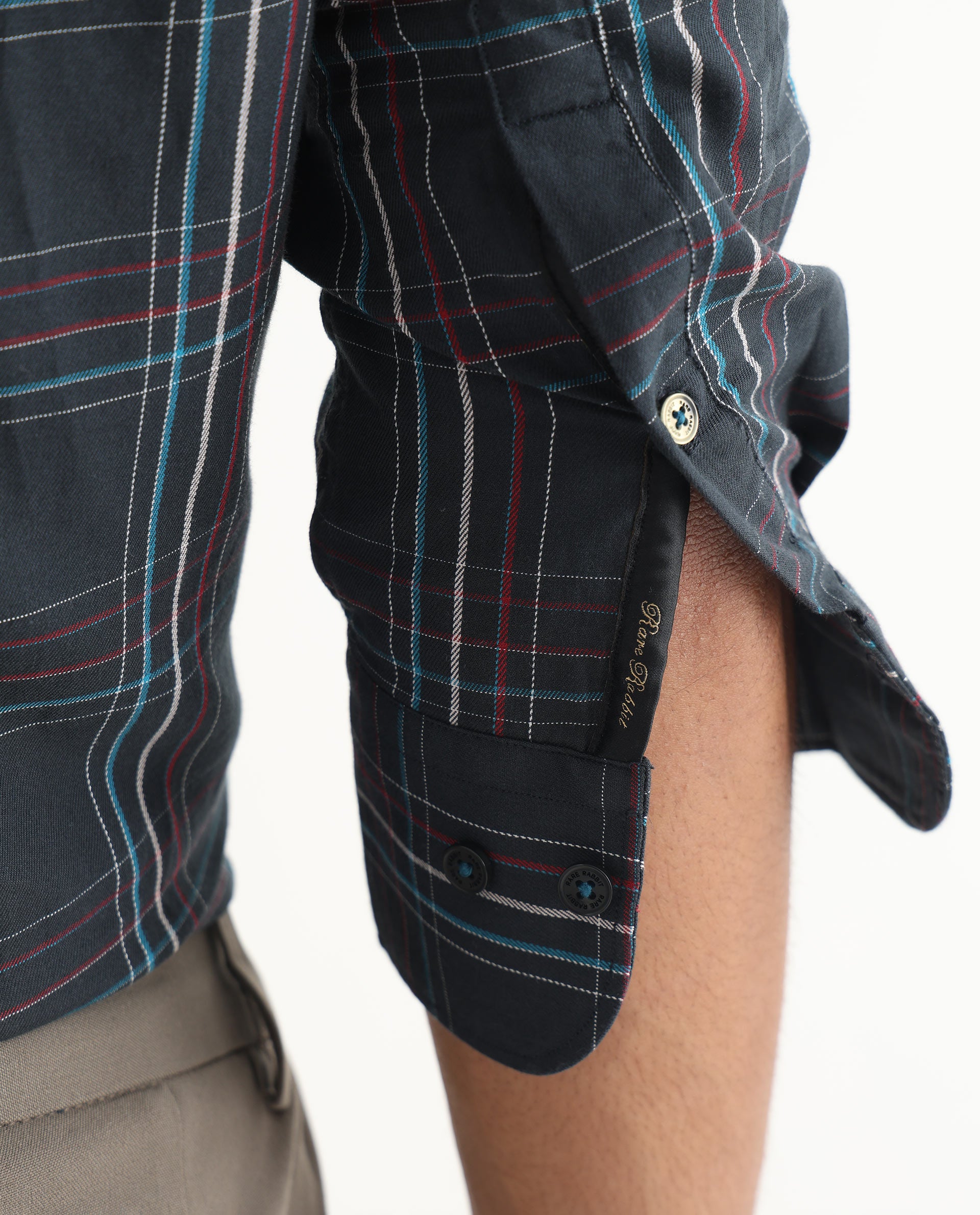 Rare Rabbit Men's Lome Navy Cotton Fabric Full Sleeves Checks Shirt