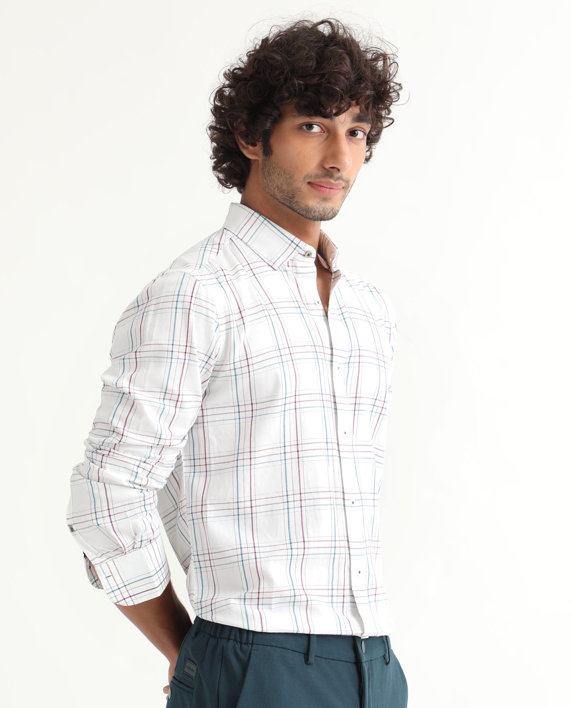 Rare Rabbit Men's Lome White Cotton Fabric Full Sleeves Checks Shirt