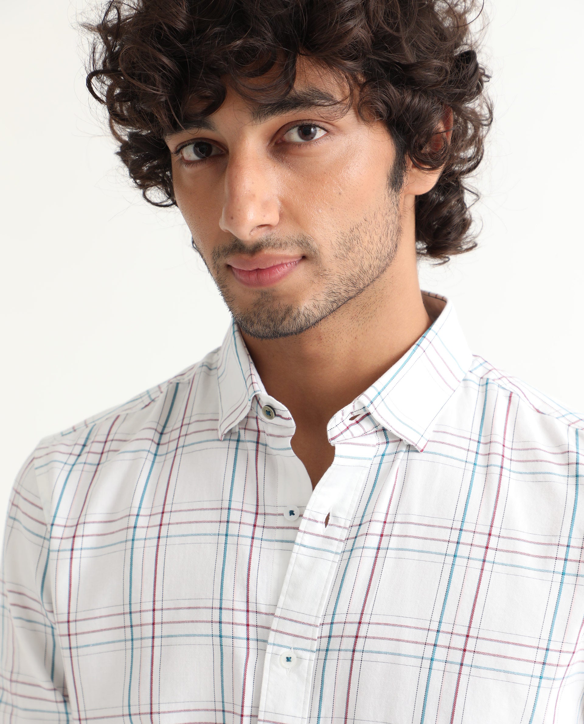 Rare Rabbit Men's Lome White Cotton Fabric Full Sleeves Checks Shirt