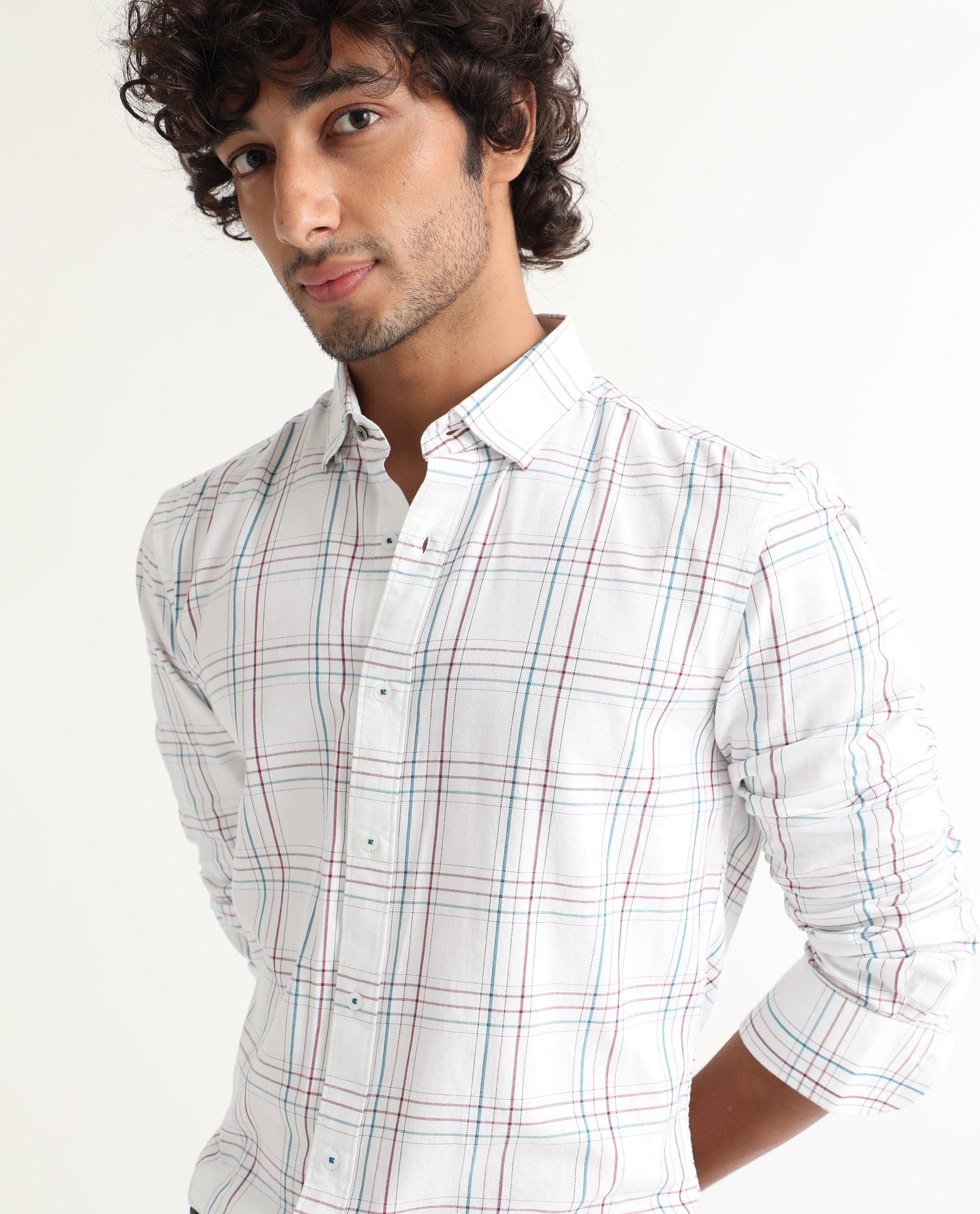 Rare Rabbit Men's Lome White Cotton Fabric Full Sleeves Checks Shirt