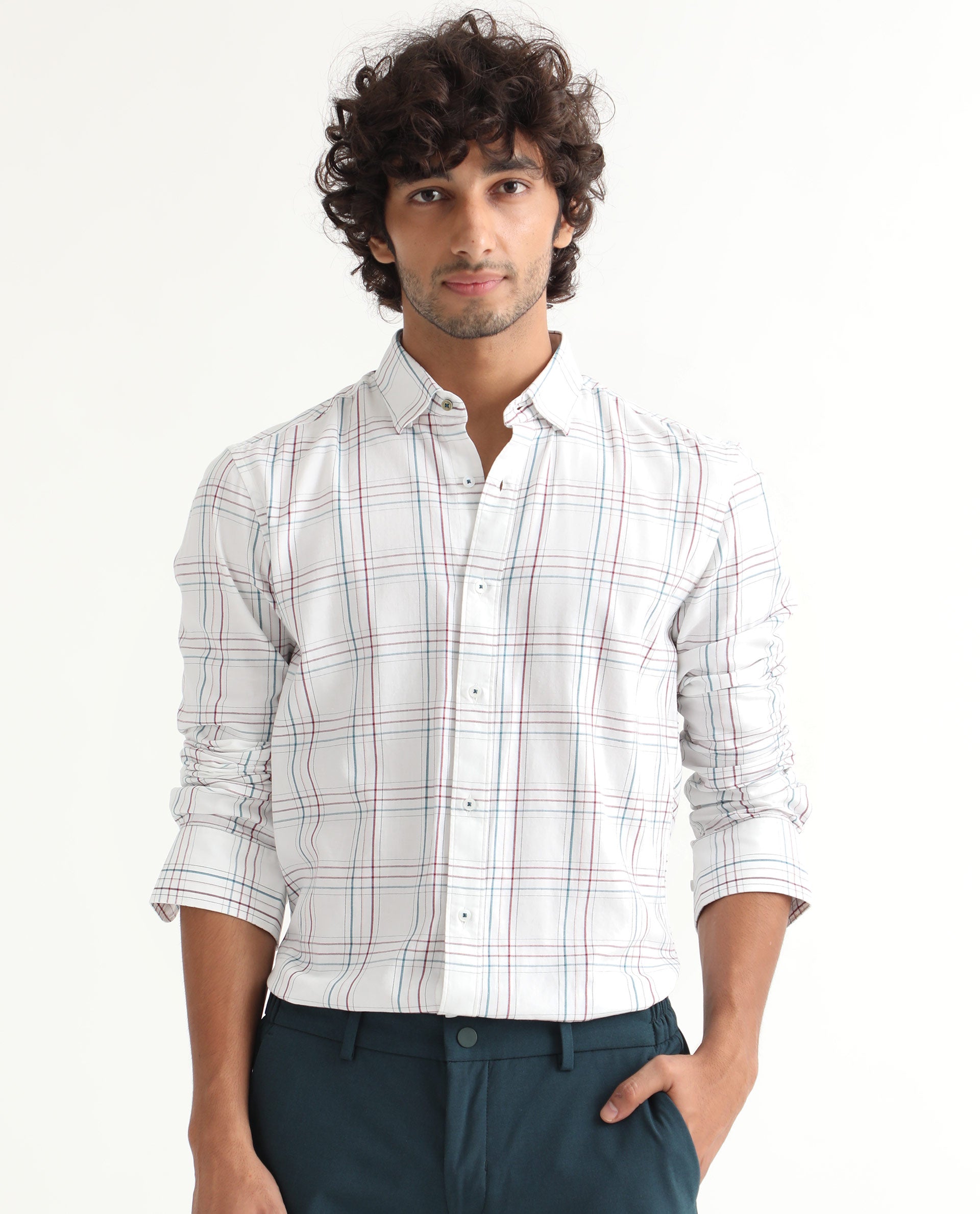 Rare Rabbit Men's Lome White Cotton Fabric Full Sleeves Checks Shirt