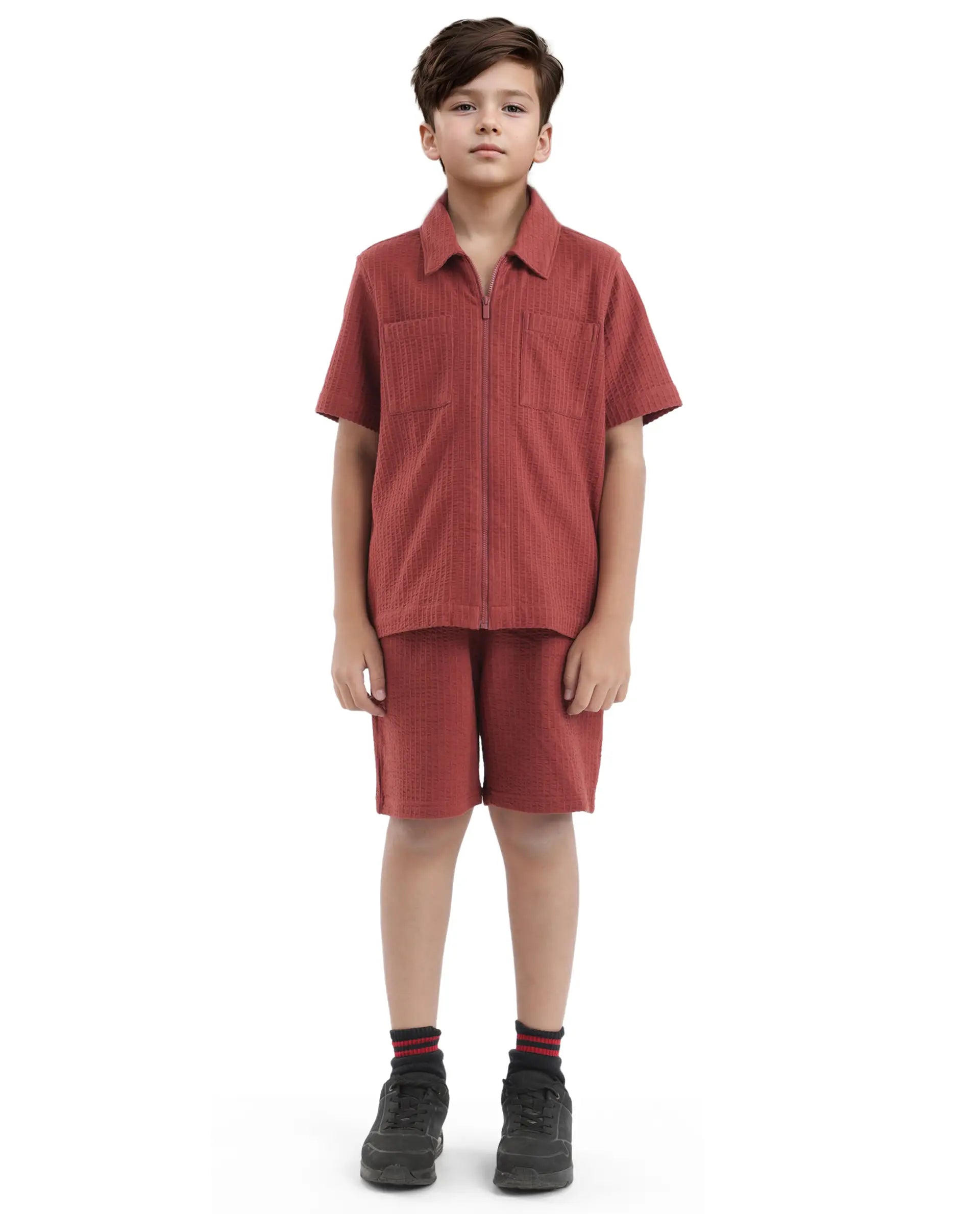 Rare Ones Kids Lomz Rust Cotton Fabric Half Sleeve Tonal Stripe Shacket