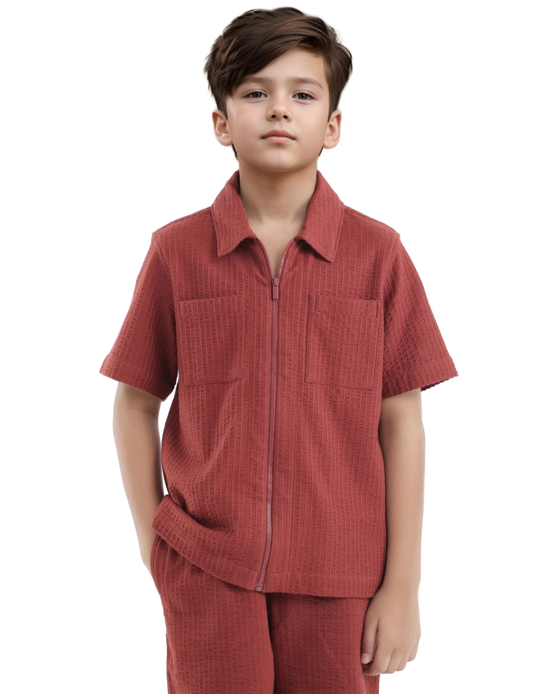 Rare Ones Kids Lomz Rust Cotton Fabric Half Sleeve Tonal Stripe Shacket
