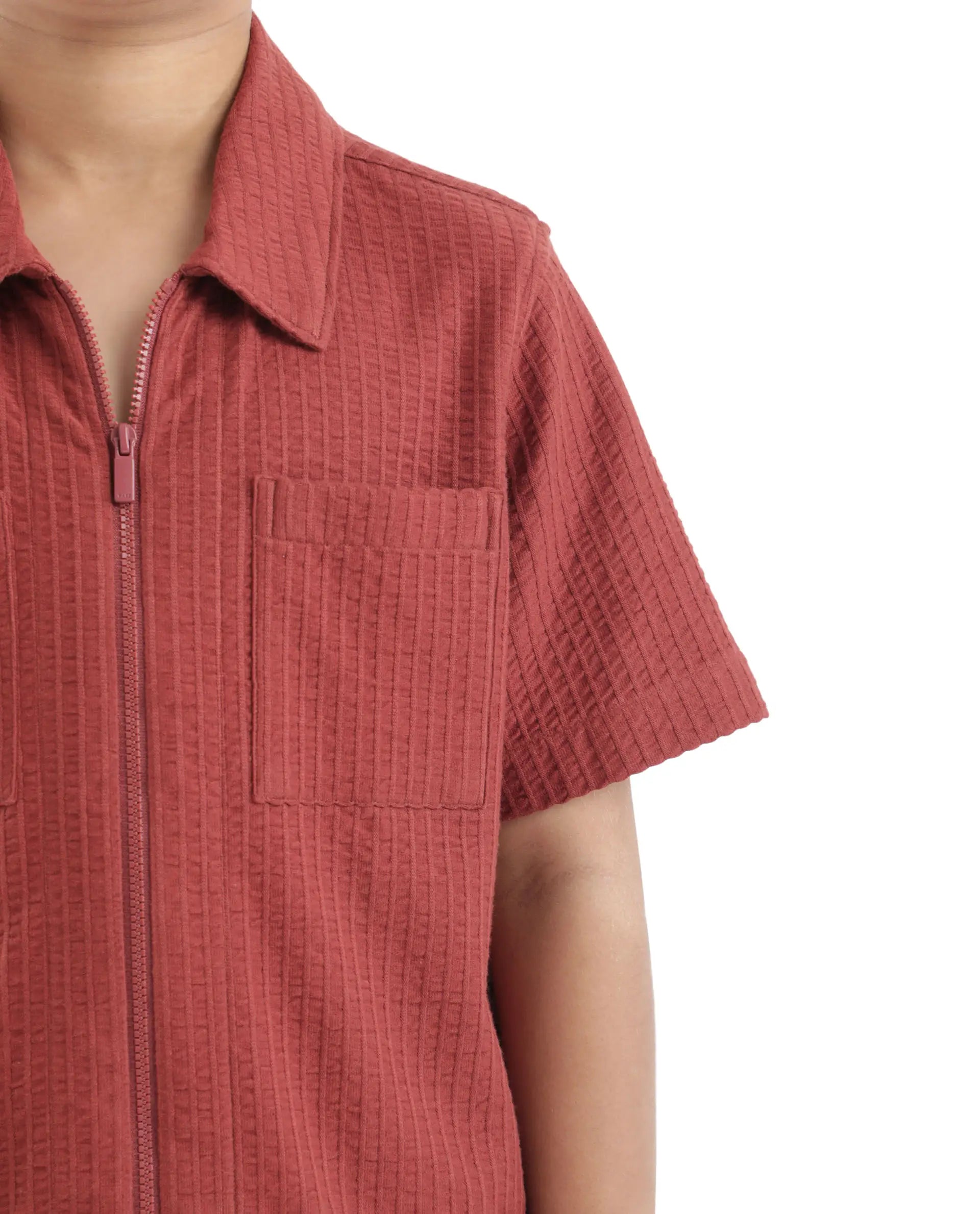 Rare Ones Kids Lomz Rust Cotton Fabric Half Sleeve Tonal Stripe Shacket
