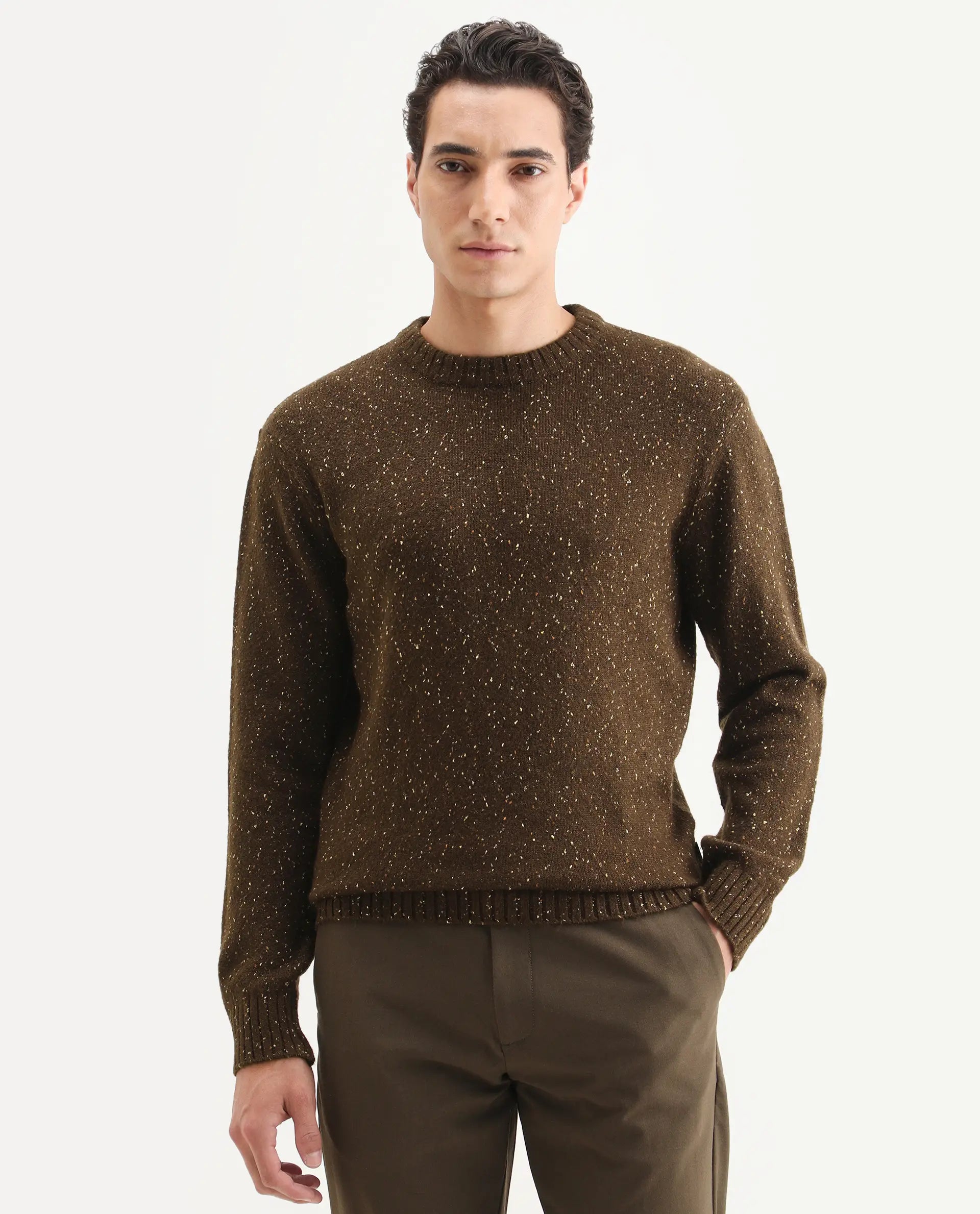 Rare Rabbit Men's Lomot Brown Cotton Fabric Crew Neck Regular Fit Speckled Print Sweater