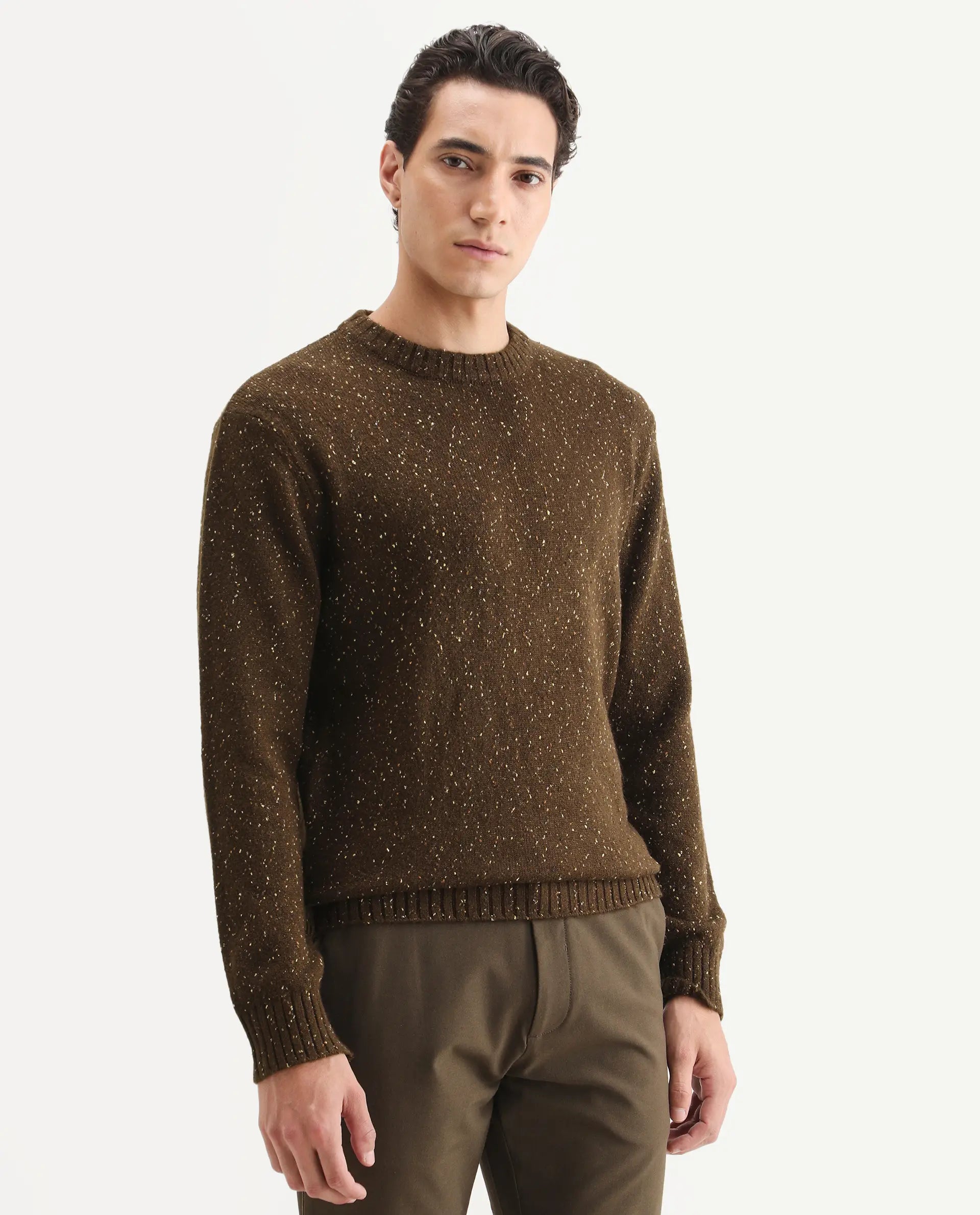 Rare Rabbit Men's Lomot Brown Cotton Fabric Crew Neck Regular Fit Speckled Print Sweater