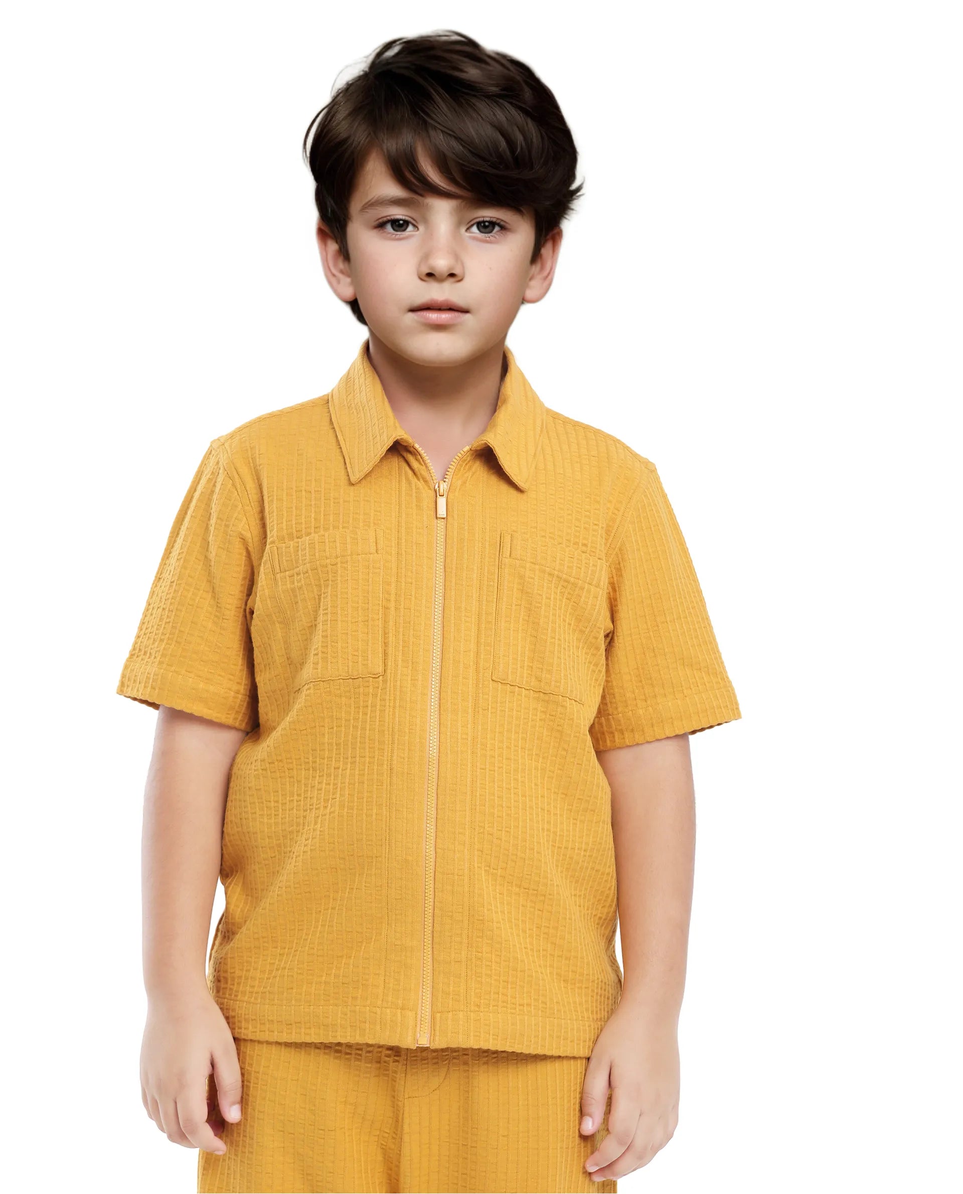 Rare Ones Kids Lomz Mustard Cotton Fabric Half Sleeve Tonal Stripe Shacket