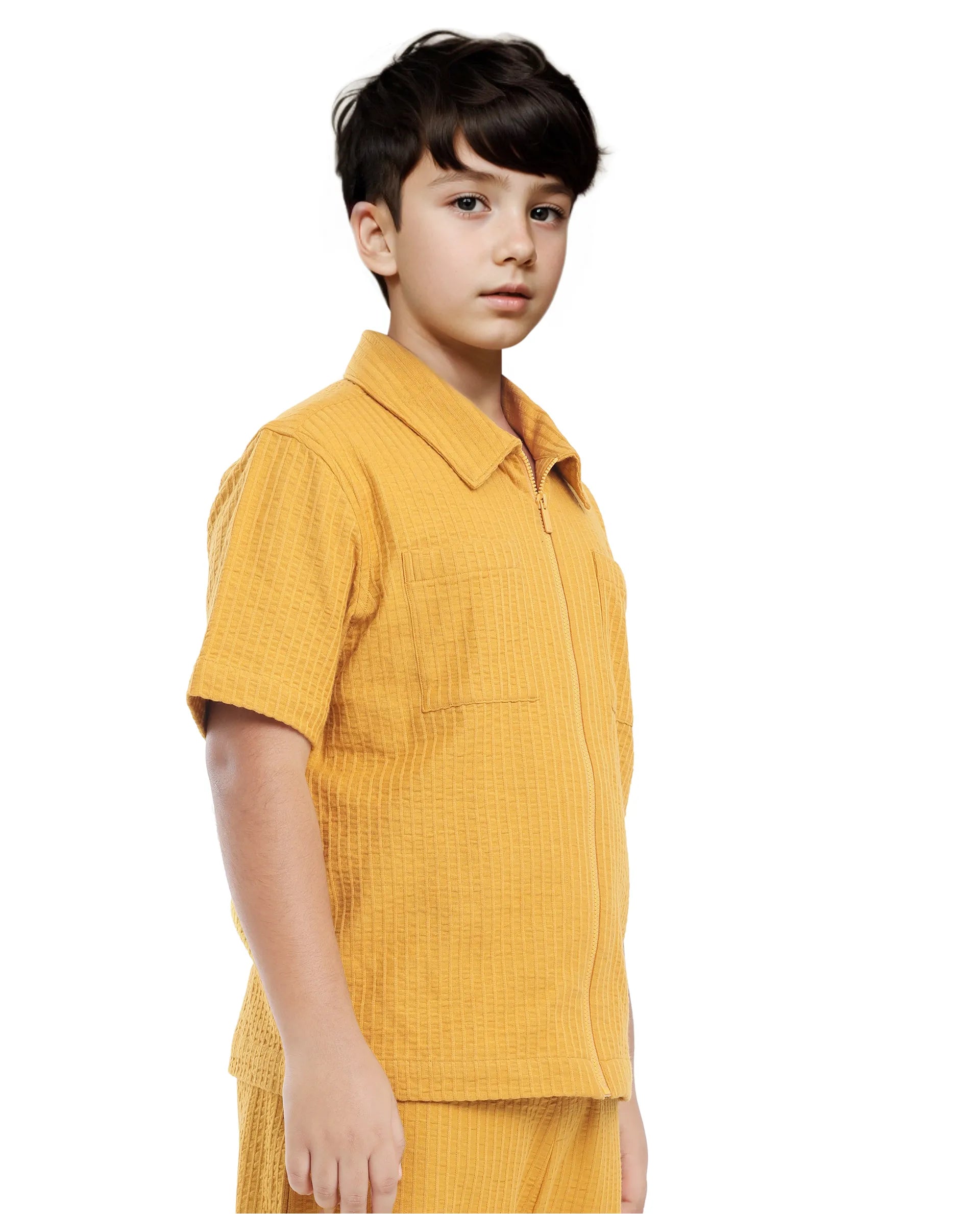 Rare Ones Kids Lomz Mustard Cotton Fabric Half Sleeve Tonal Stripe Shacket