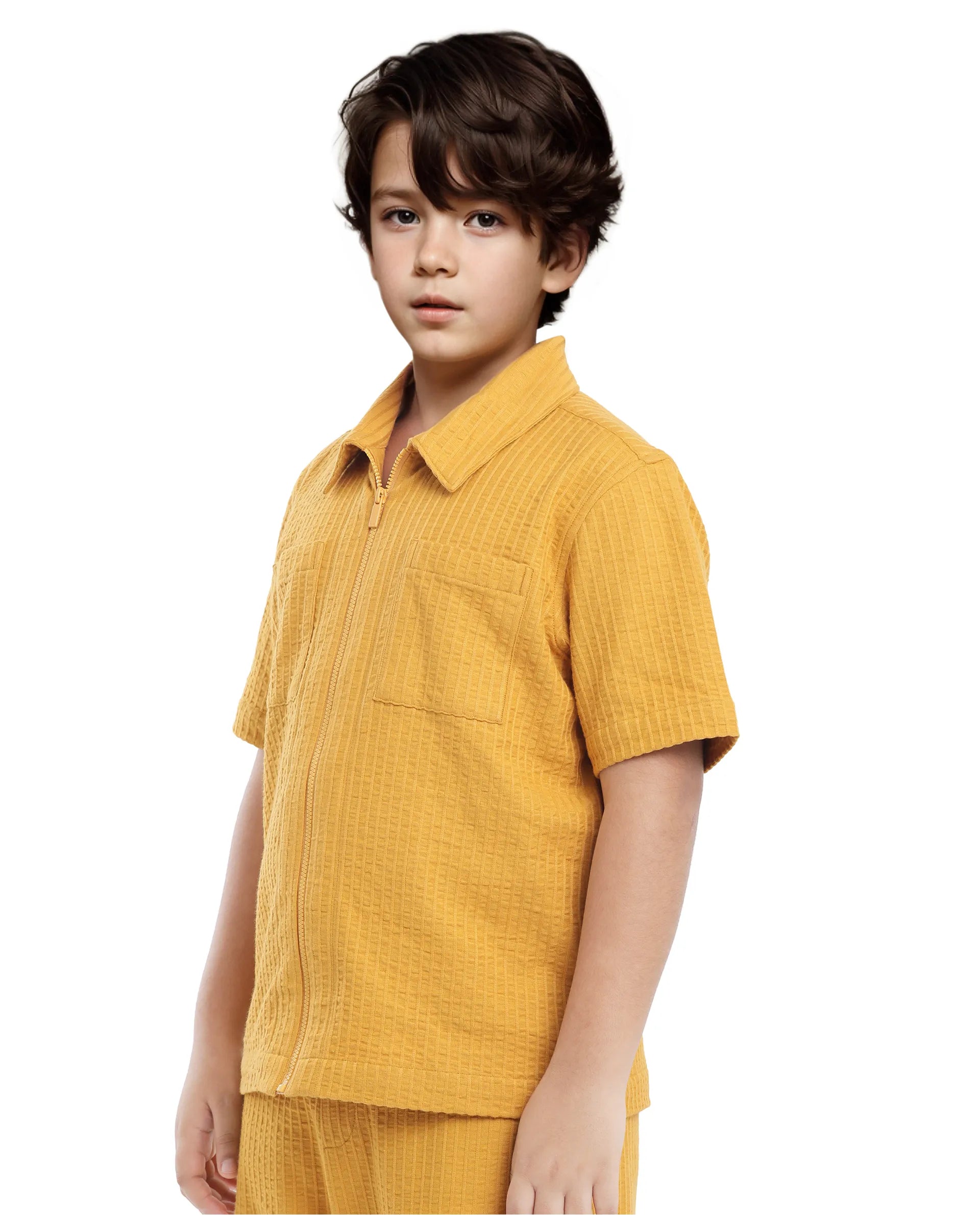 Rare Ones Kids Lomz Mustard Cotton Fabric Half Sleeve Tonal Stripe Shacket