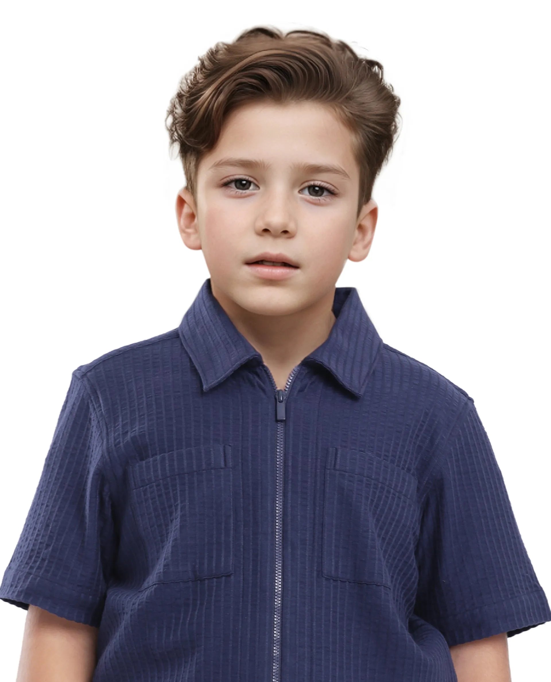 Rare Ones Kids Lomz Dark Navy Cotton Fabric Half Sleeve Tonal Stripe Shacket