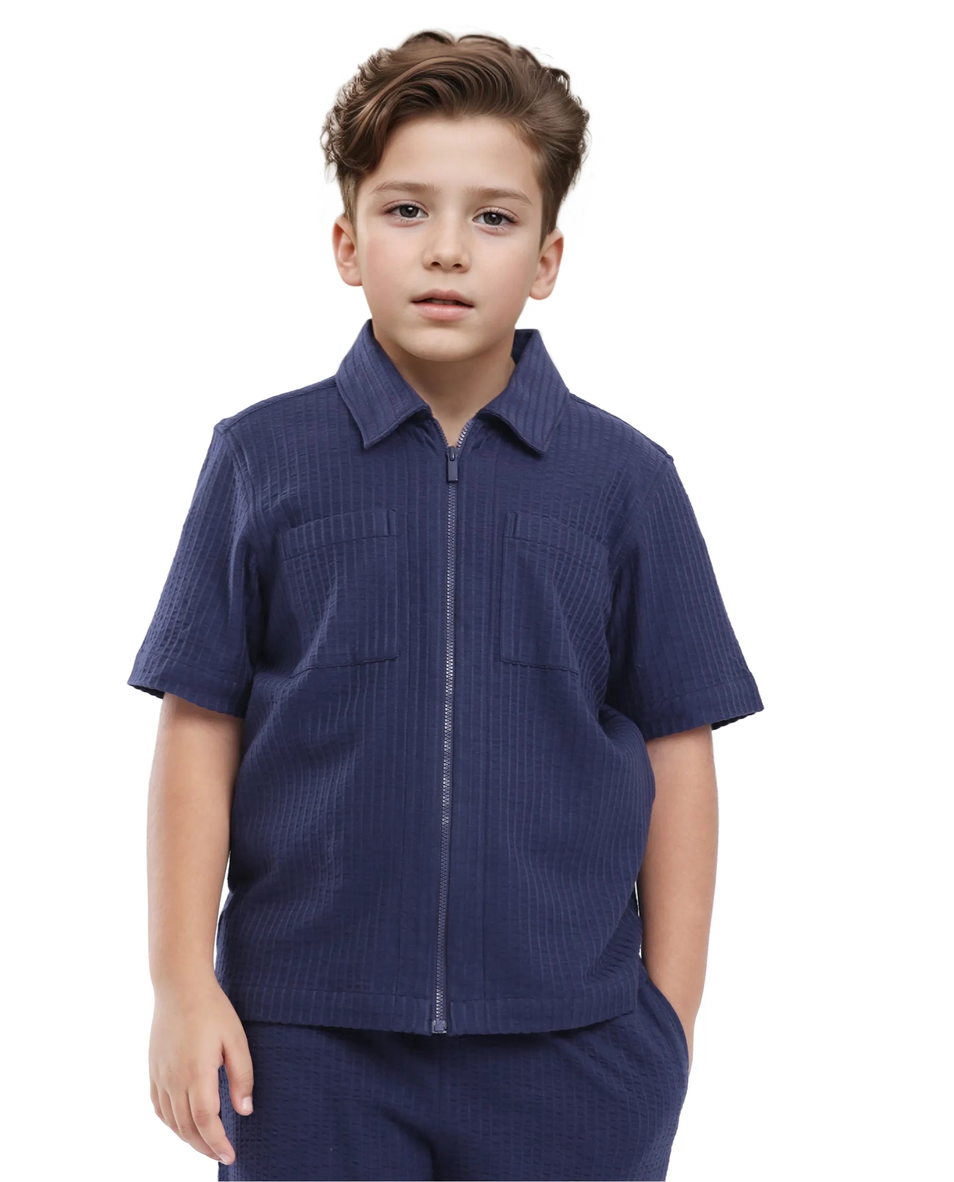 Rare Ones Kids Lomz Dark Navy Cotton Fabric Half Sleeve Tonal Stripe Shacket