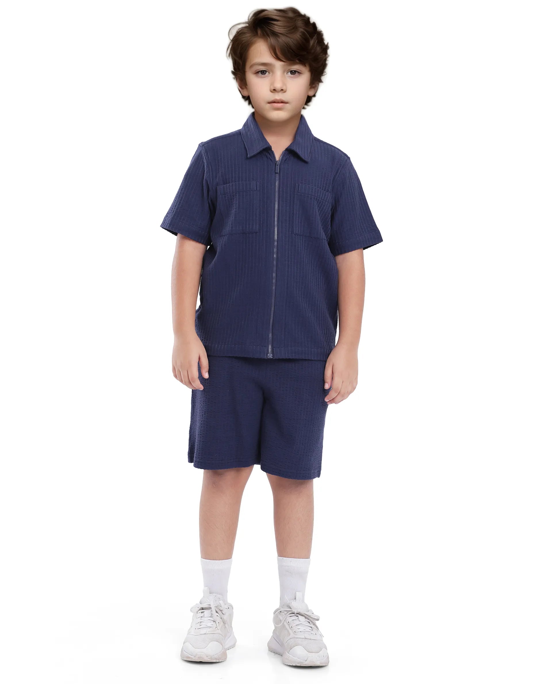 Rare Ones Kids Lomz Dark Navy Cotton Fabric Half Sleeve Tonal Stripe Shacket