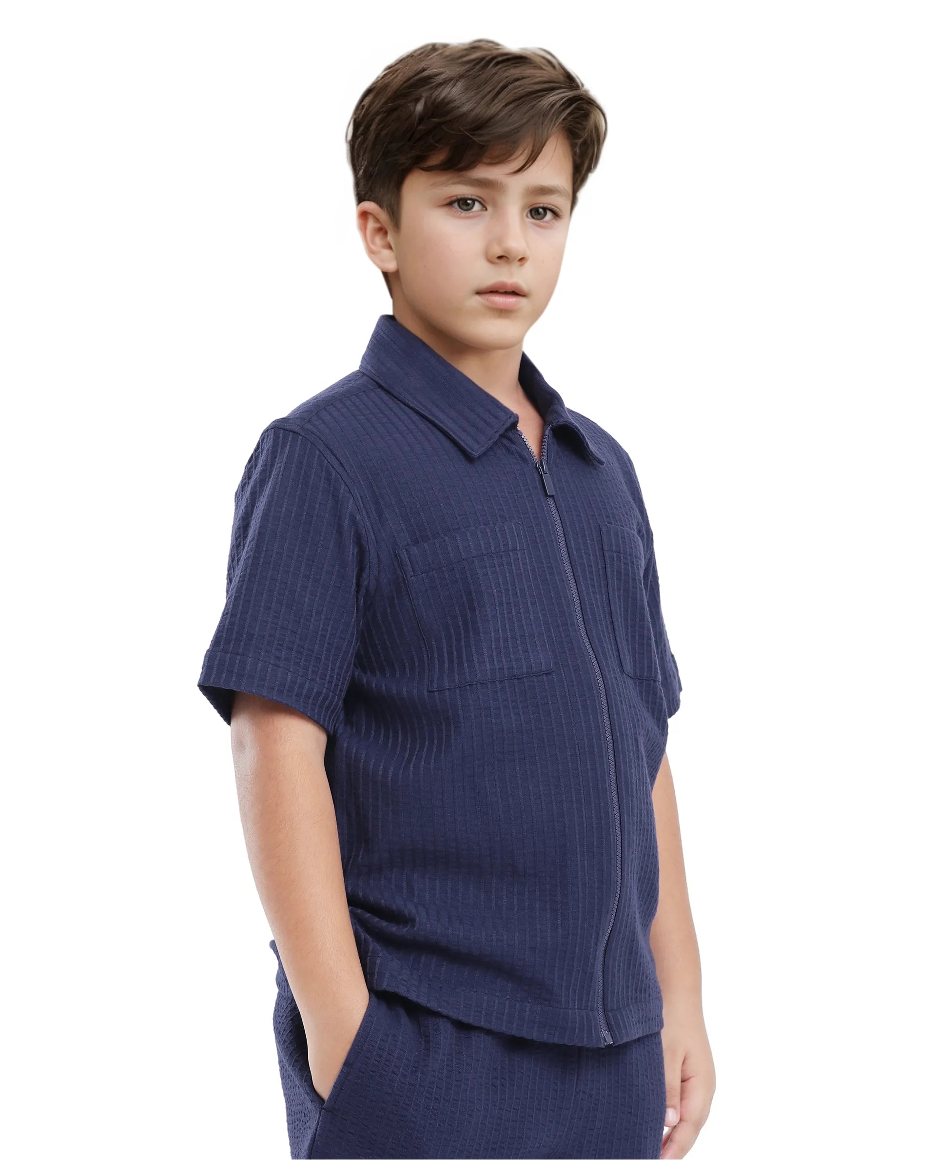 Rare Ones Kids Lomz Dark Navy Cotton Fabric Half Sleeve Tonal Stripe Shacket