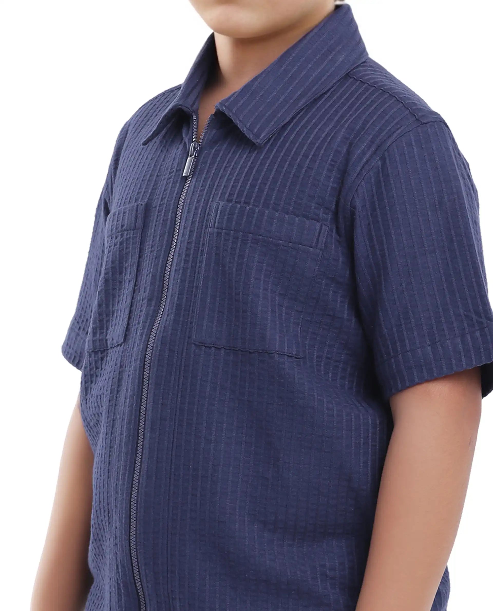 Rare Ones Kids Lomz Dark Navy Cotton Fabric Half Sleeve Tonal Stripe Shacket