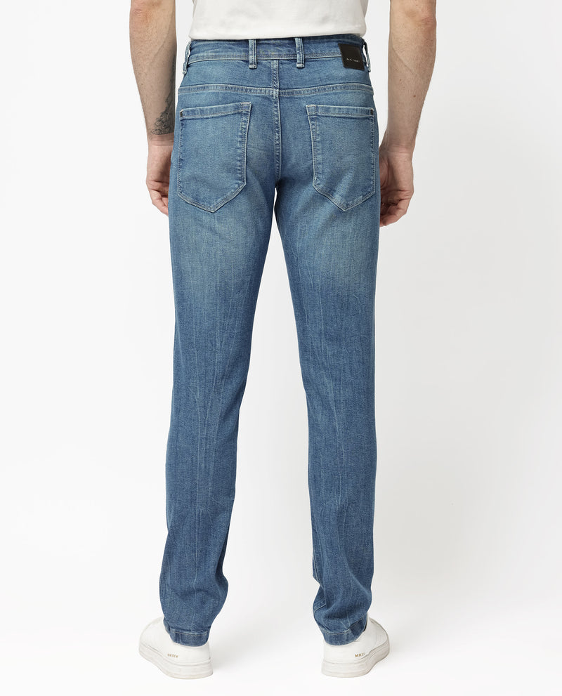 Rare Rabbit Mens Lonar Blue Cotton Polyester Solid Mid Wash Slim Fit Jeans