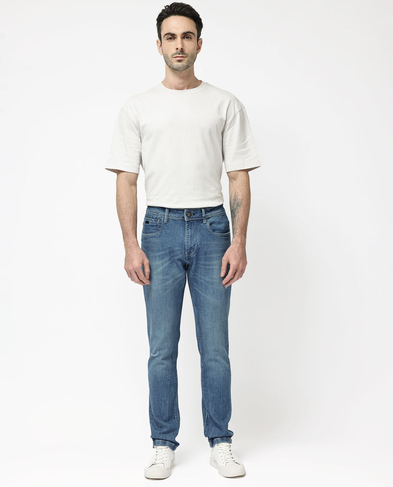 Rare Rabbit Mens Lonar Blue Cotton Polyester Solid Mid Wash Slim Fit Jeans