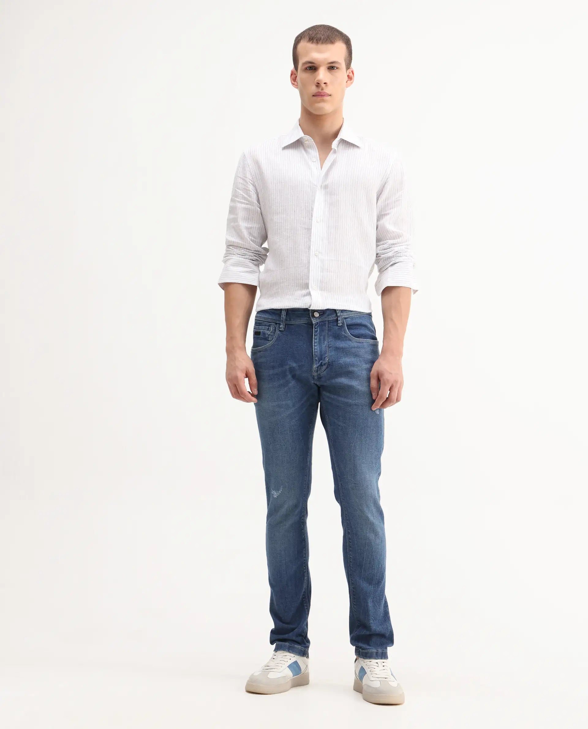 Rare Rabbit Men's Lonar Blue Cotton Blend Plain Hawk Slim Fit Jeans