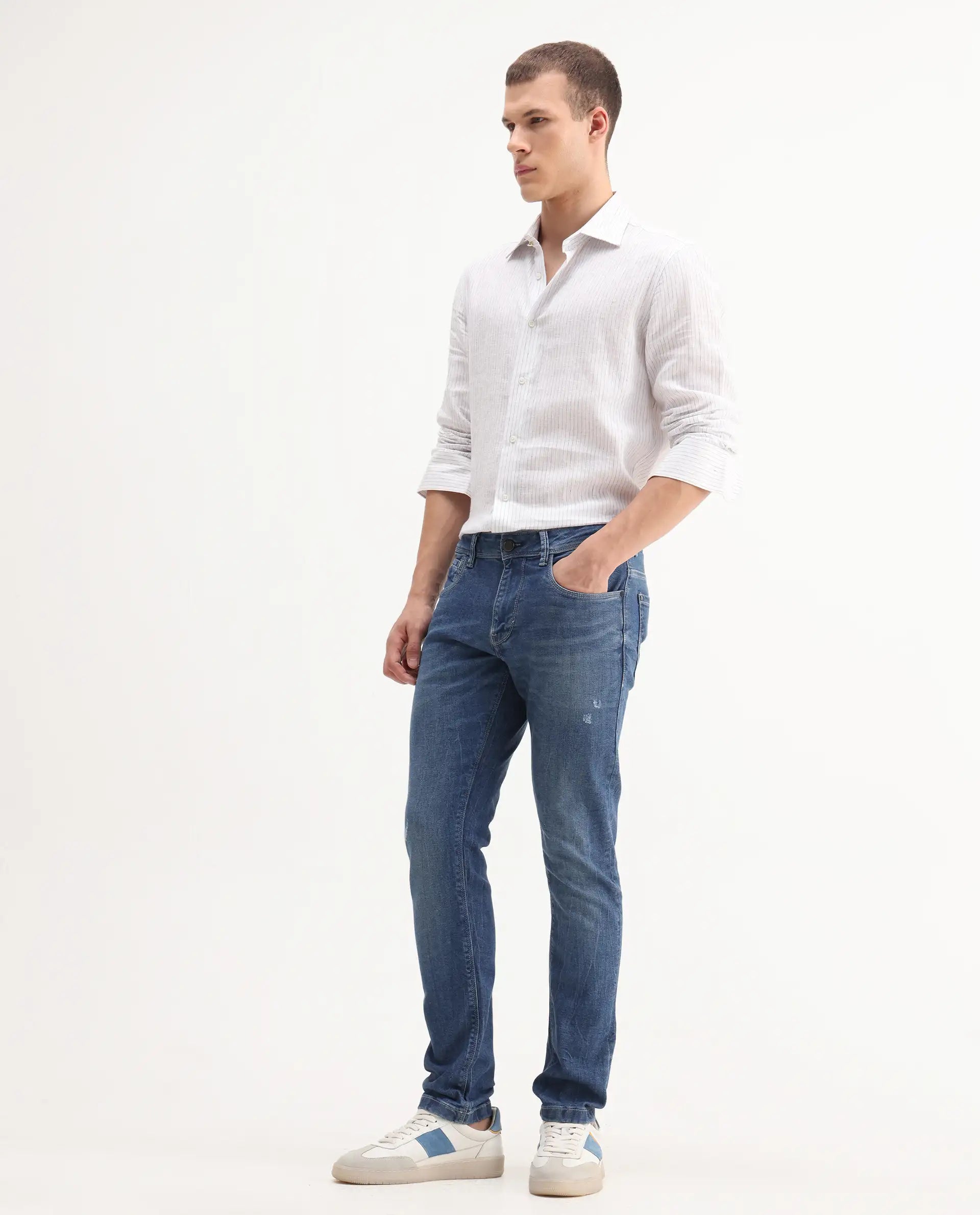 Rare Rabbit Men's Lonar Blue Cotton Blend Plain Hawk Slim Fit Jeans