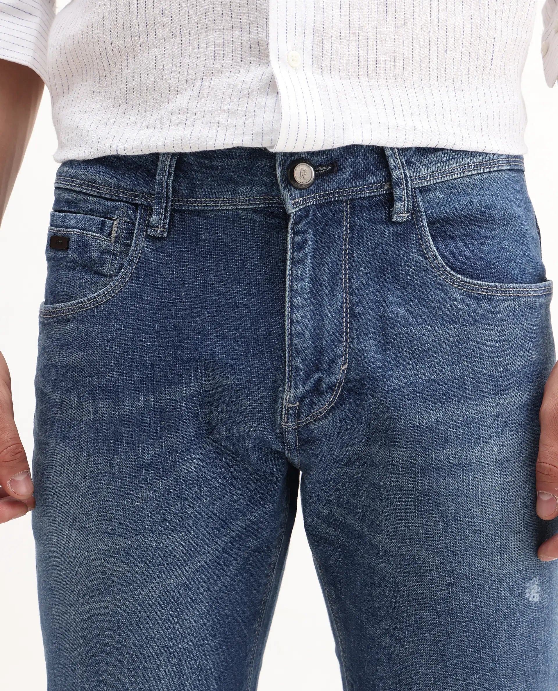 Rare Rabbit Men's Lonar Blue Cotton Blend Plain Hawk Slim Fit Jeans