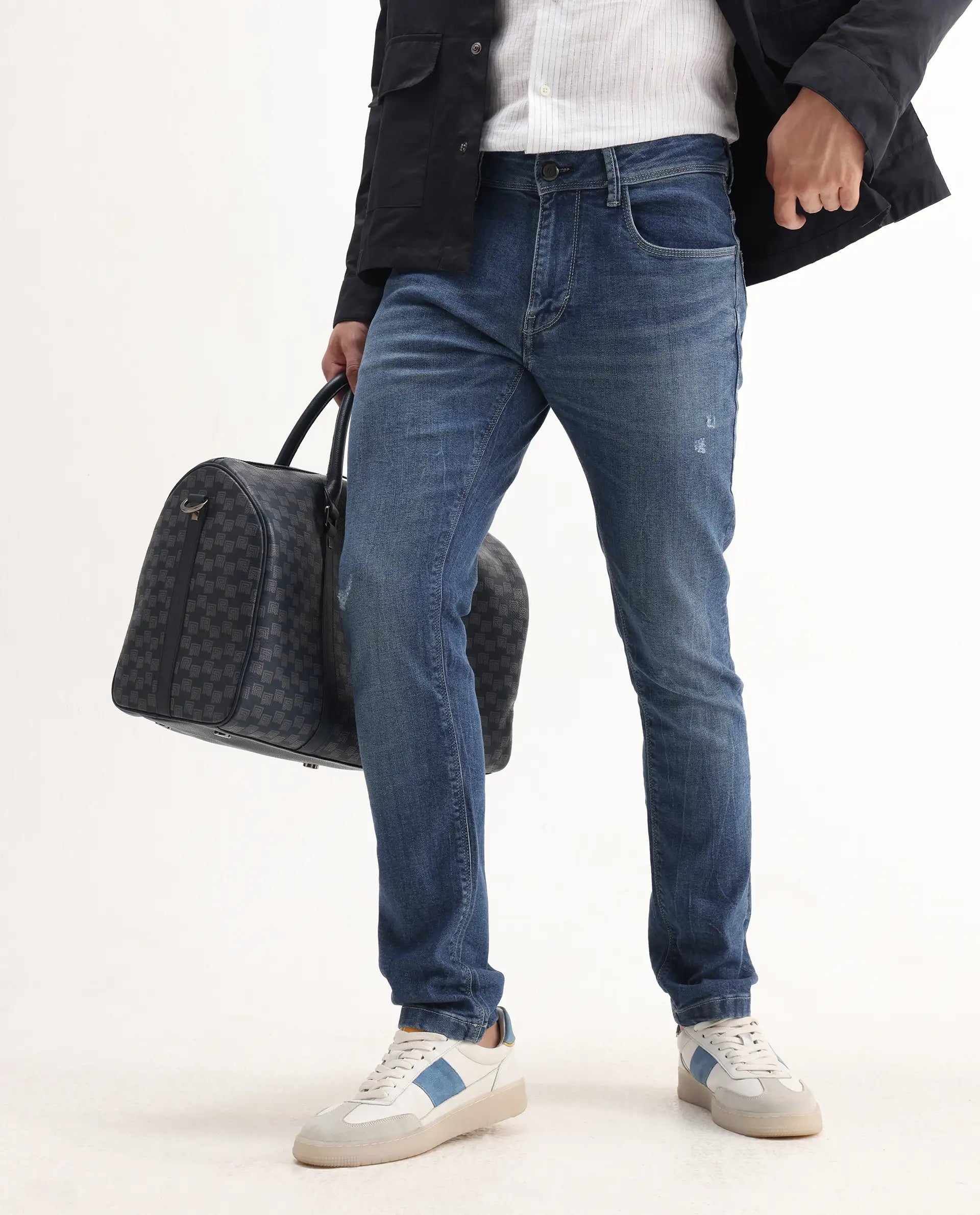 Rare Rabbit Men's Lonar Blue Cotton Blend Plain Hawk Slim Fit Jeans