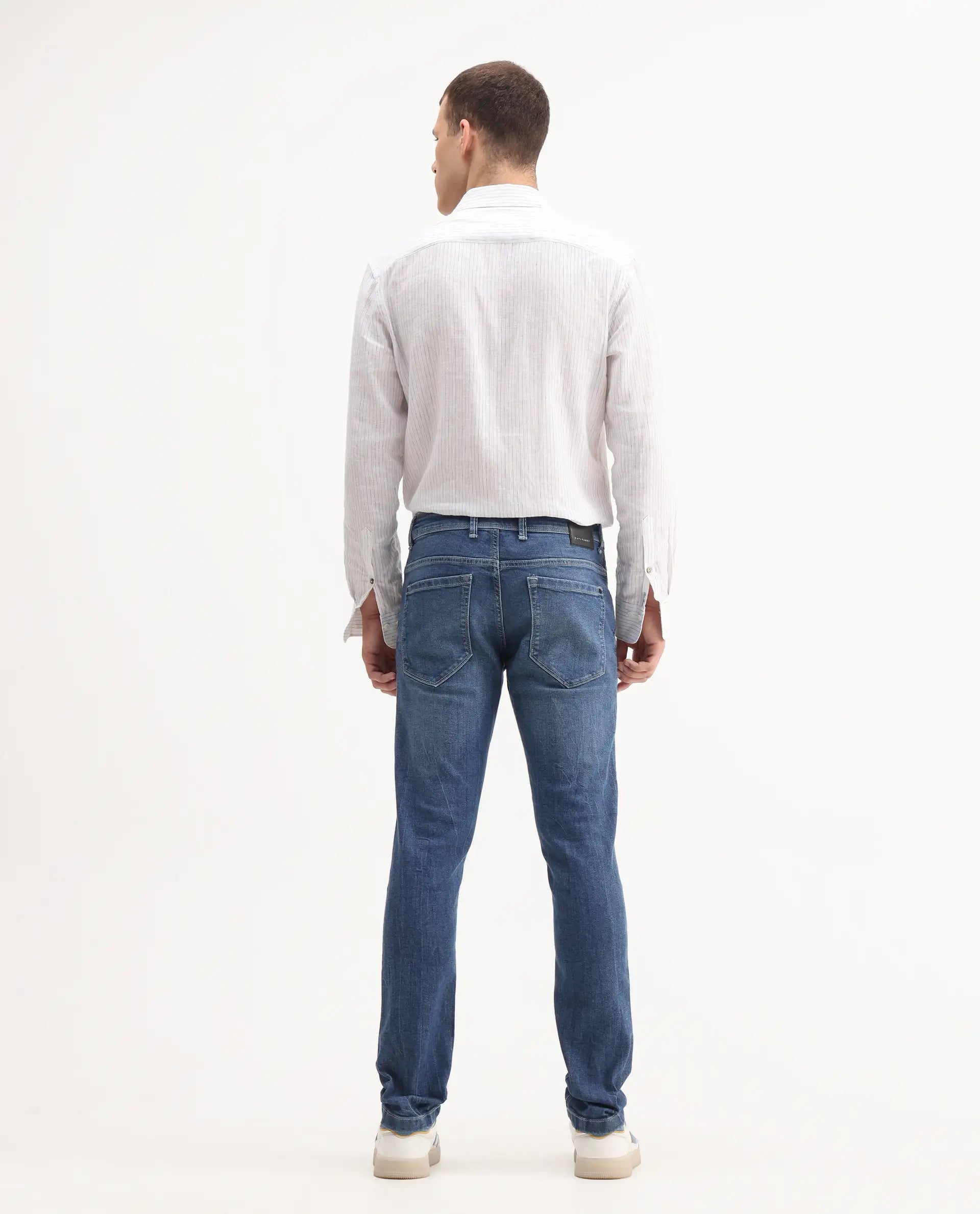 Rare Rabbit Men's Lonar Blue Cotton Blend Plain Hawk Slim Fit Jeans