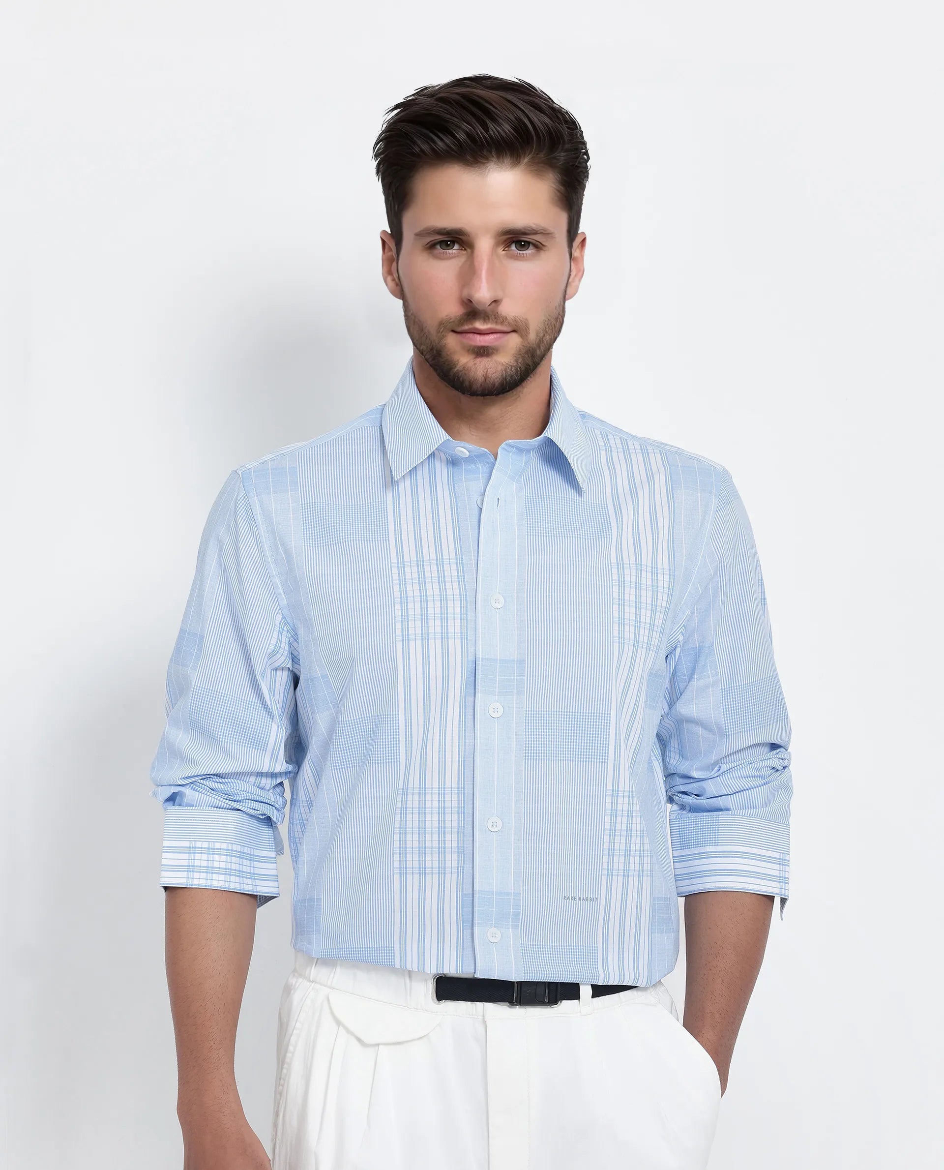 Rare Rabbit Men's Lon Light Blue Cotton Fabric Full Sleeve Spread Collar Button Closure Checks Shirt