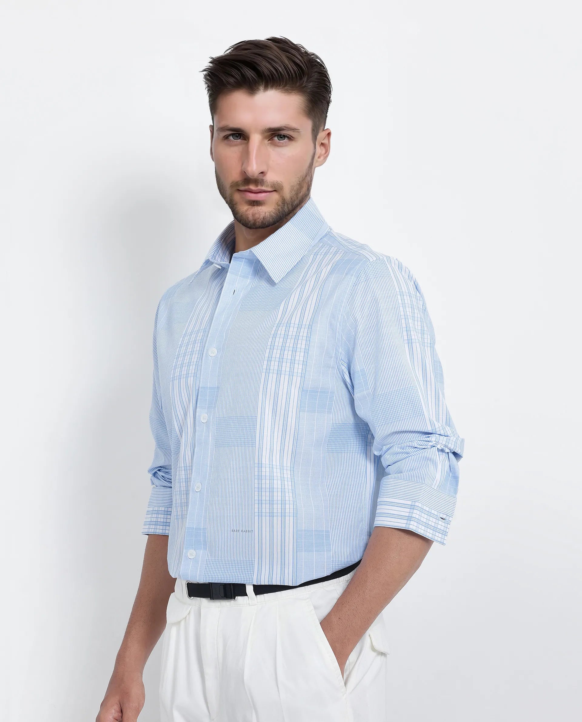 Rare Rabbit Men's Lon Light Blue Cotton Fabric Full Sleeve Spread Collar Button Closure Checks Shirt