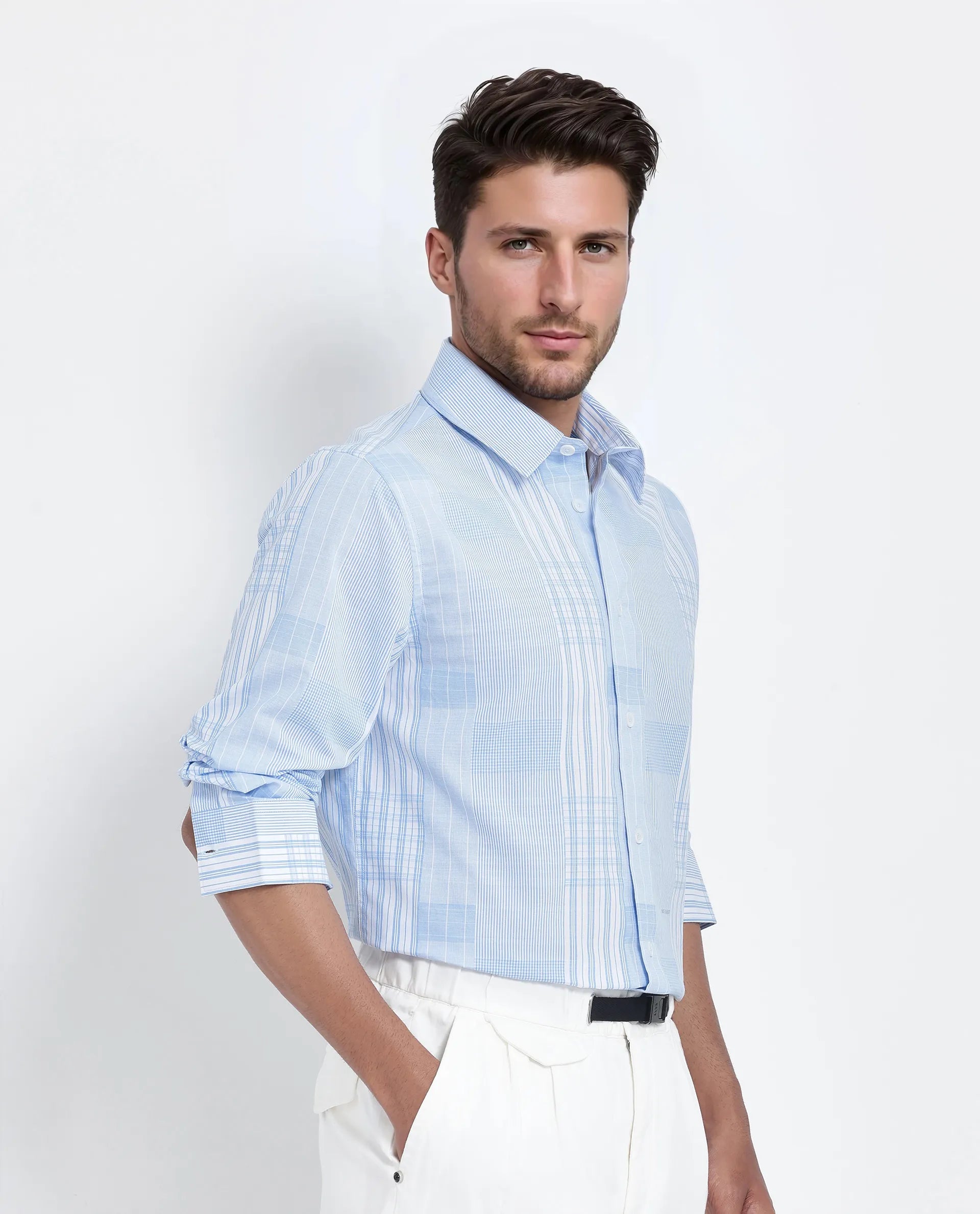 Rare Rabbit Men's Lon Light Blue Cotton Fabric Full Sleeve Spread Collar Button Closure Checks Shirt