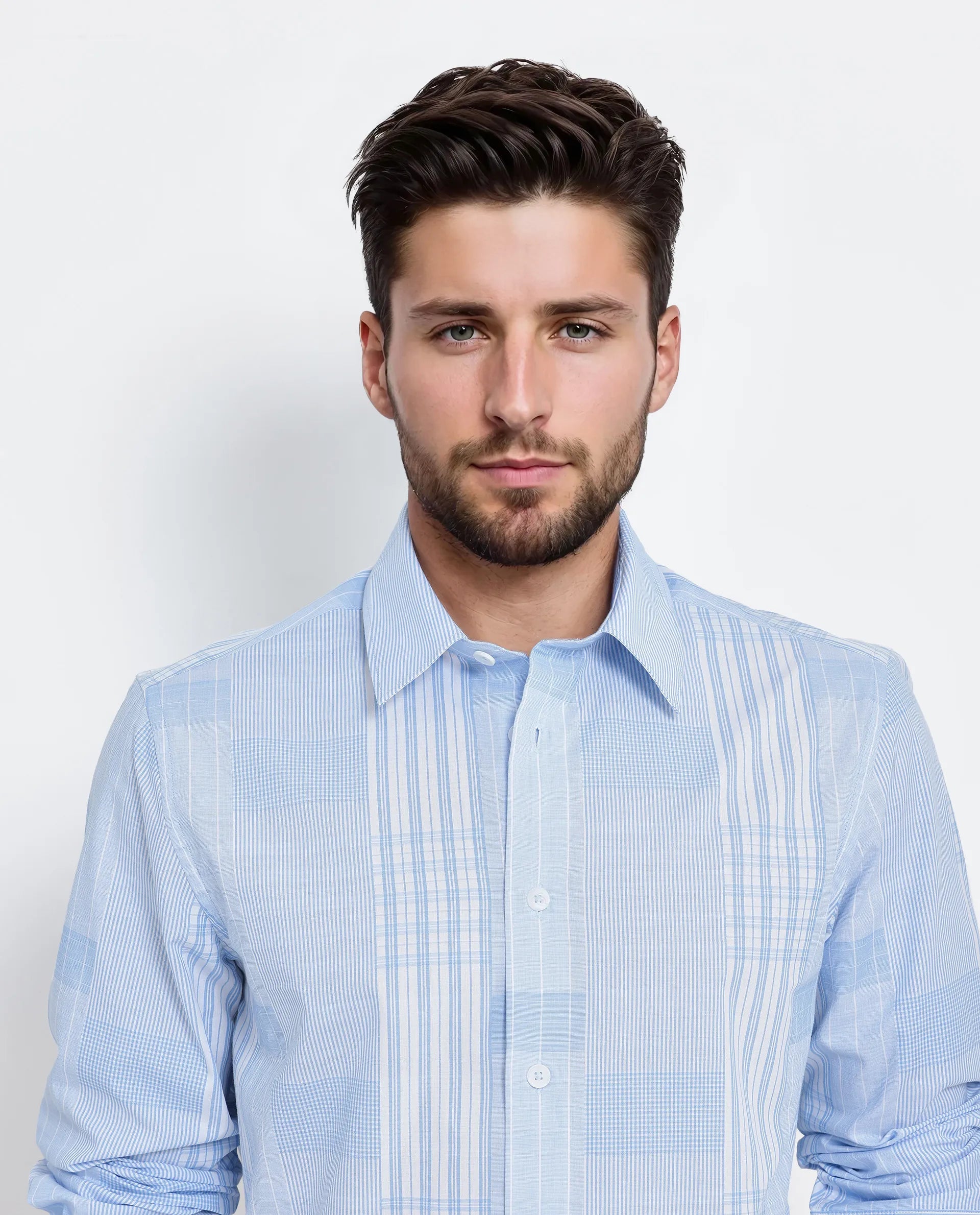 Rare Rabbit Men's Lon Light Blue Cotton Fabric Full Sleeve Spread Collar Button Closure Checks Shirt