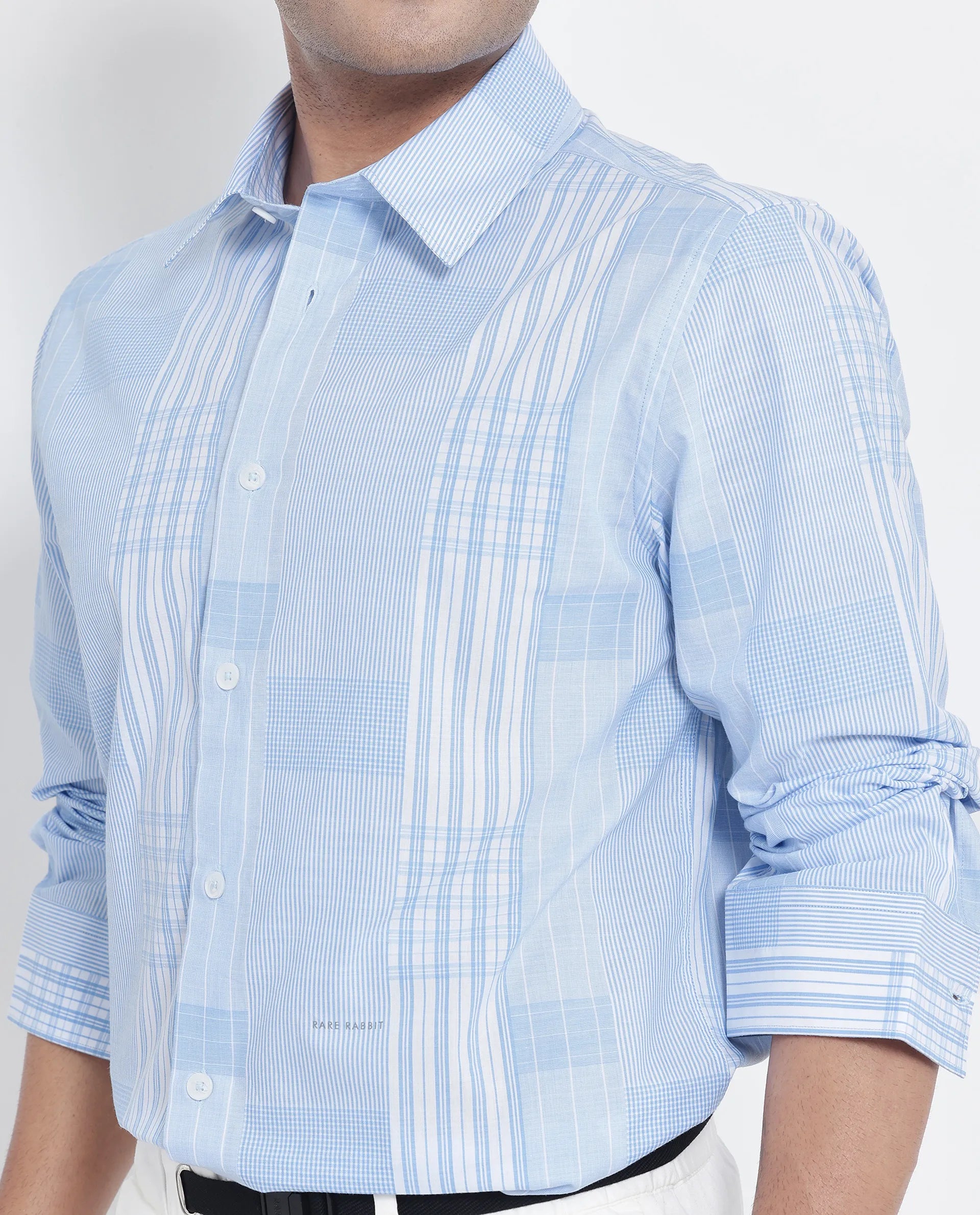 Rare Rabbit Men's Lon Light Blue Cotton Fabric Full Sleeve Spread Collar Button Closure Checks Shirt