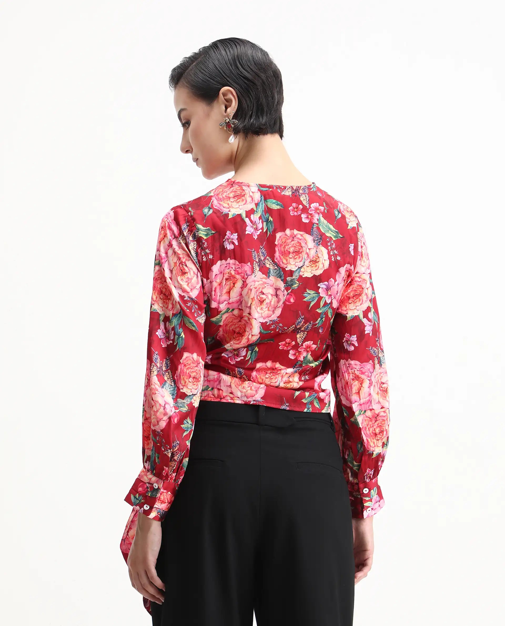 Rareism Women's Lonna Red Overlap Neck Floral Print Cuffed Sleeve Regular Fit Top