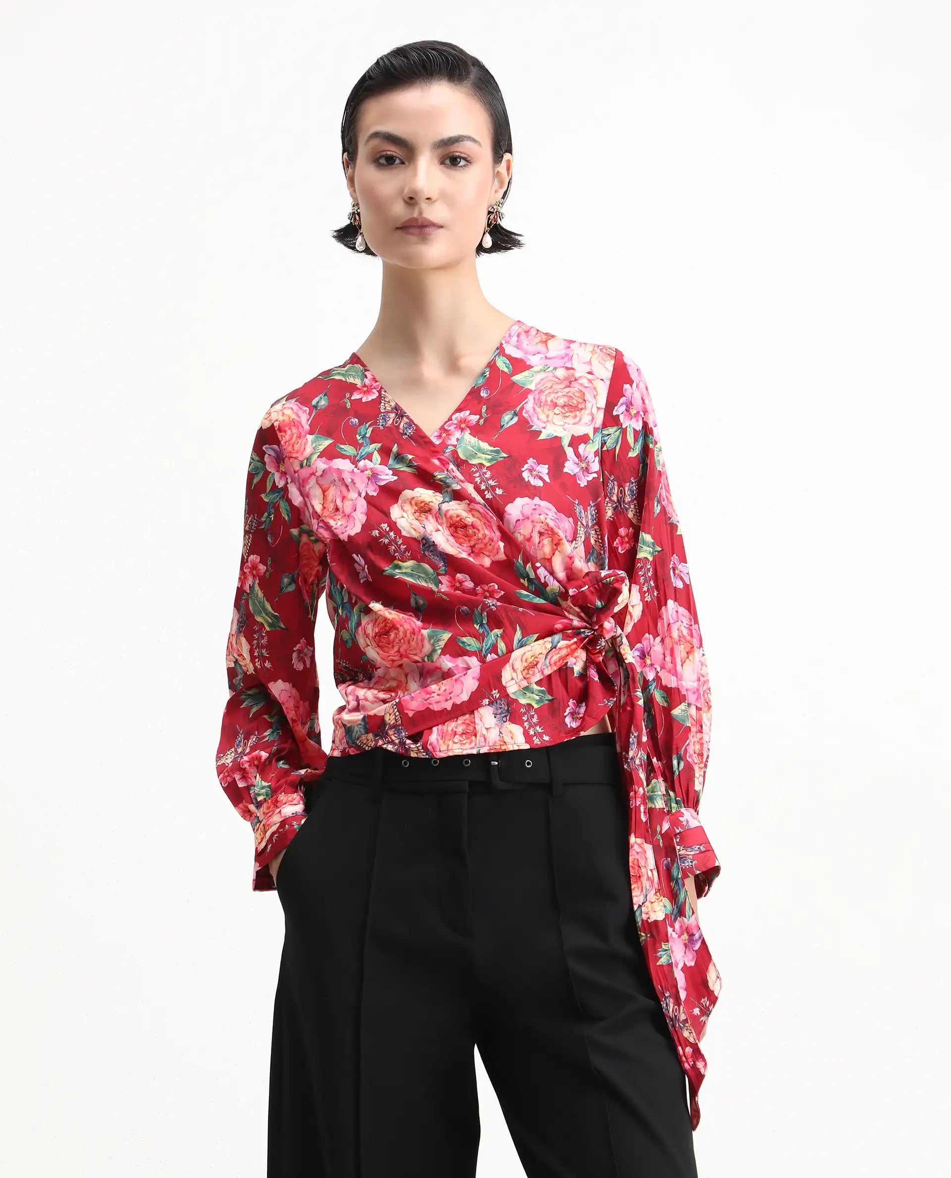 Rareism Women's Lonna Red Overlap Neck Floral Print Cuffed Sleeve Regular Fit Top