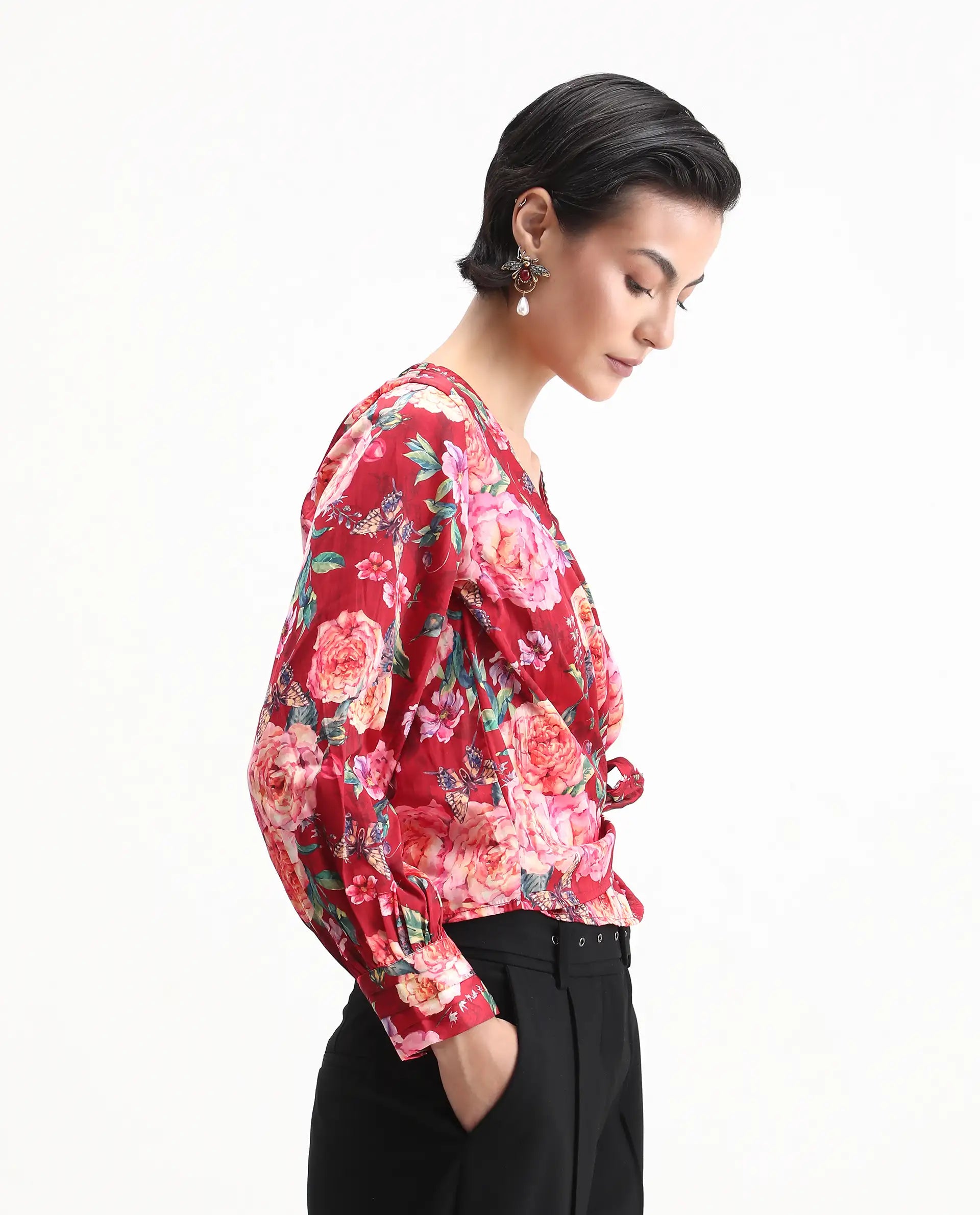 Rareism Women's Lonna Red Overlap Neck Floral Print Cuffed Sleeve Regular Fit Top