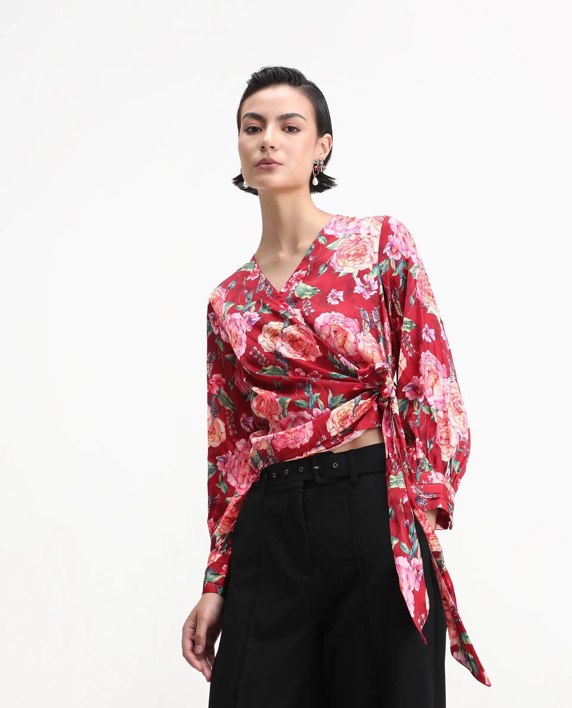 Rareism Women's Lonna Red Overlap Neck Floral Print Cuffed Sleeve Regular Fit Top