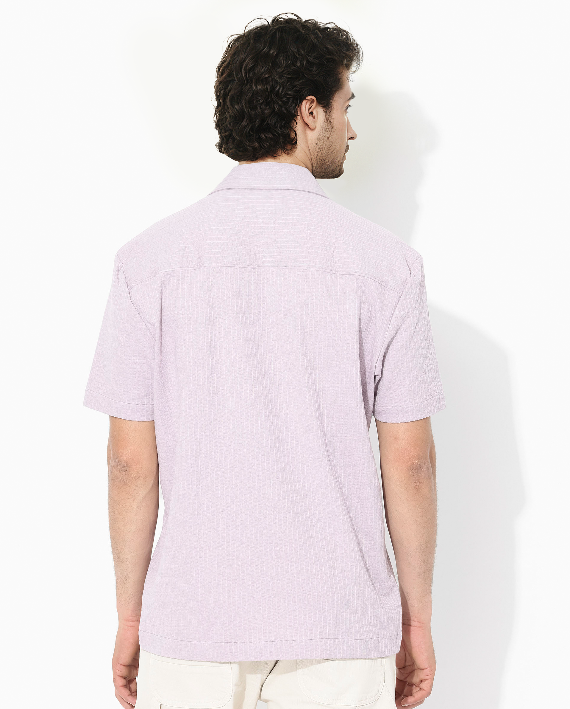 Rare Rabbit Mens Loomz Dusky Purple Half Sleeve Solid Broad Collar Zipper Closure Self Stripe Shirt