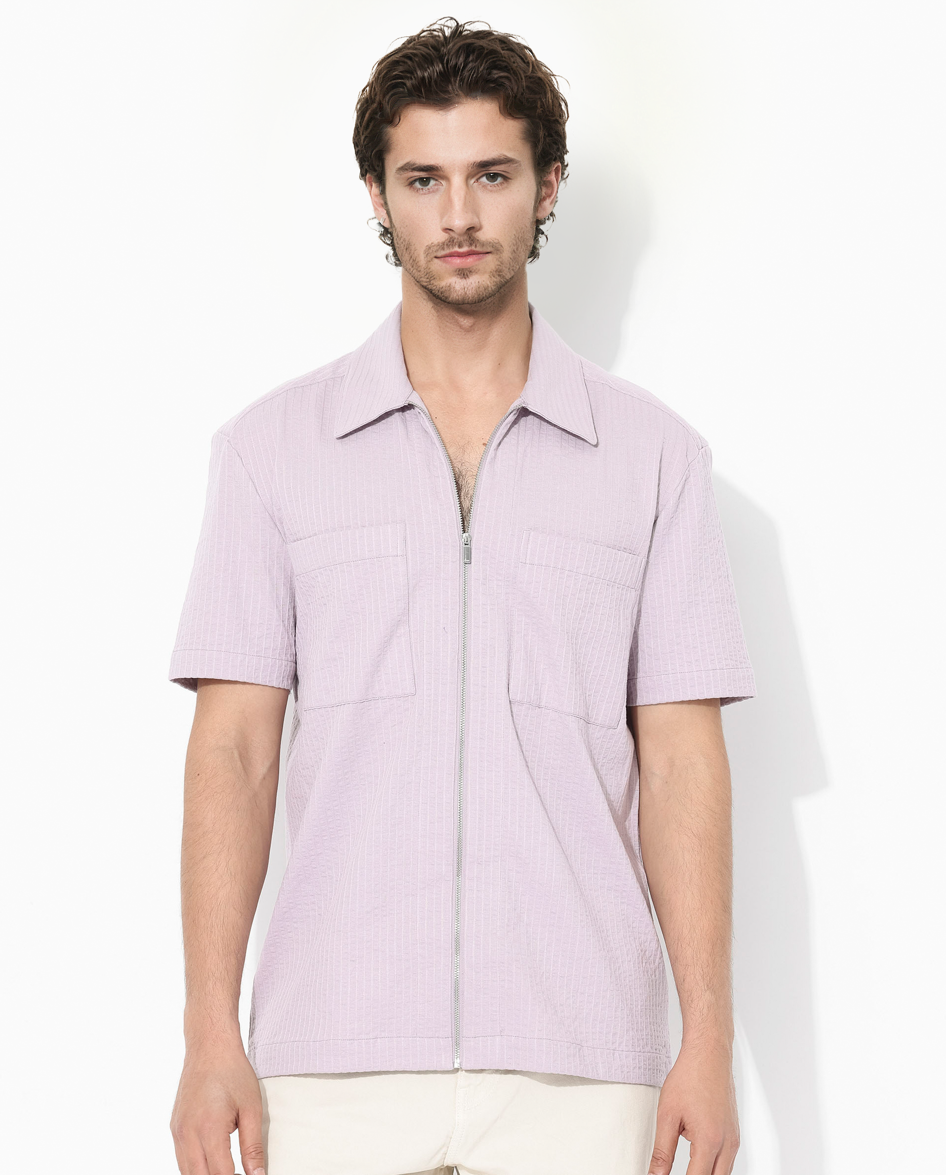 Rare Rabbit Mens Loomz Dusky Purple Half Sleeve Solid Broad Collar Zipper Closure Self Stripe Shirt