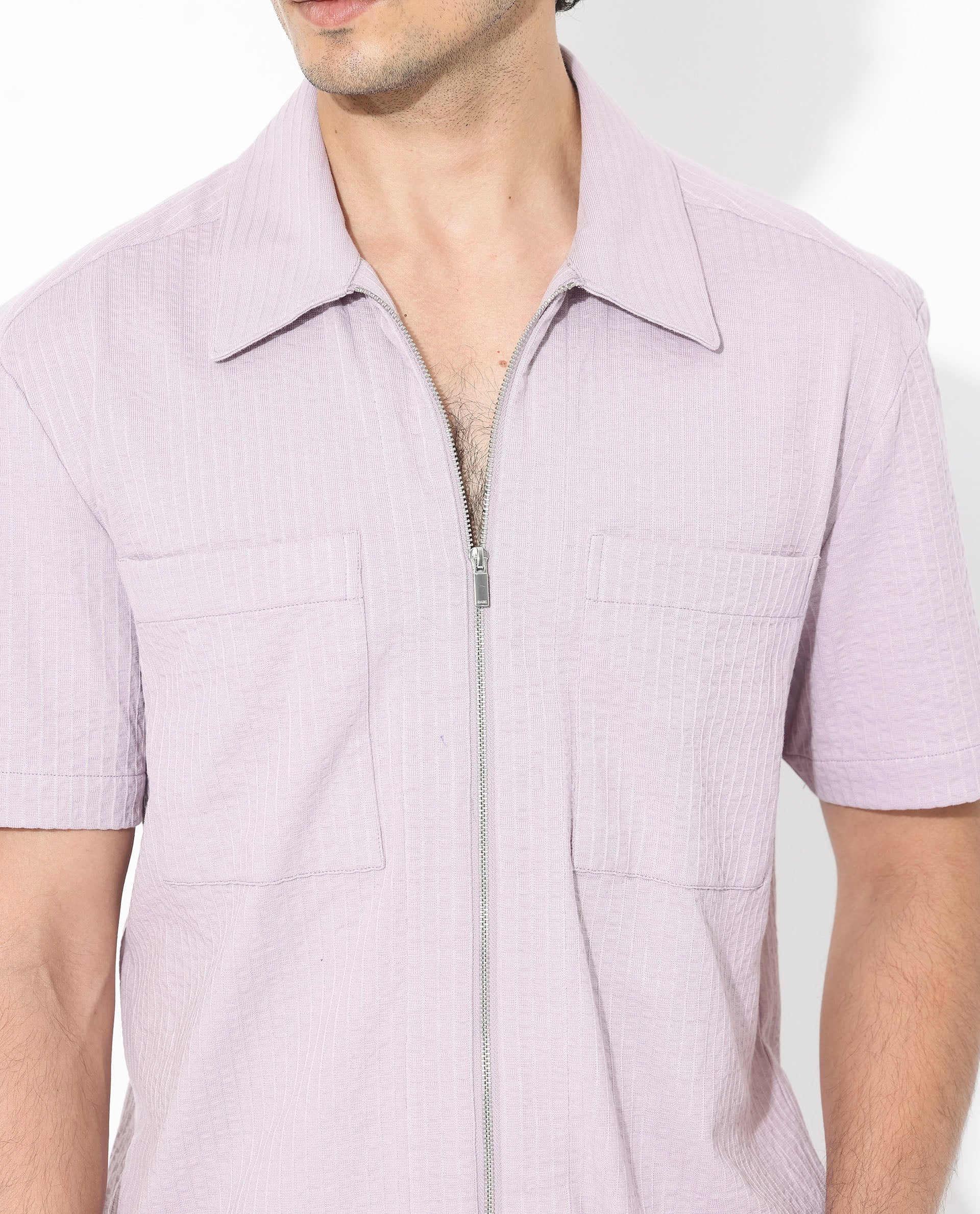 Rare Rabbit Mens Loomz Dusky Purple Half Sleeve Solid Broad Collar Zipper Closure Self Stripe Shirt