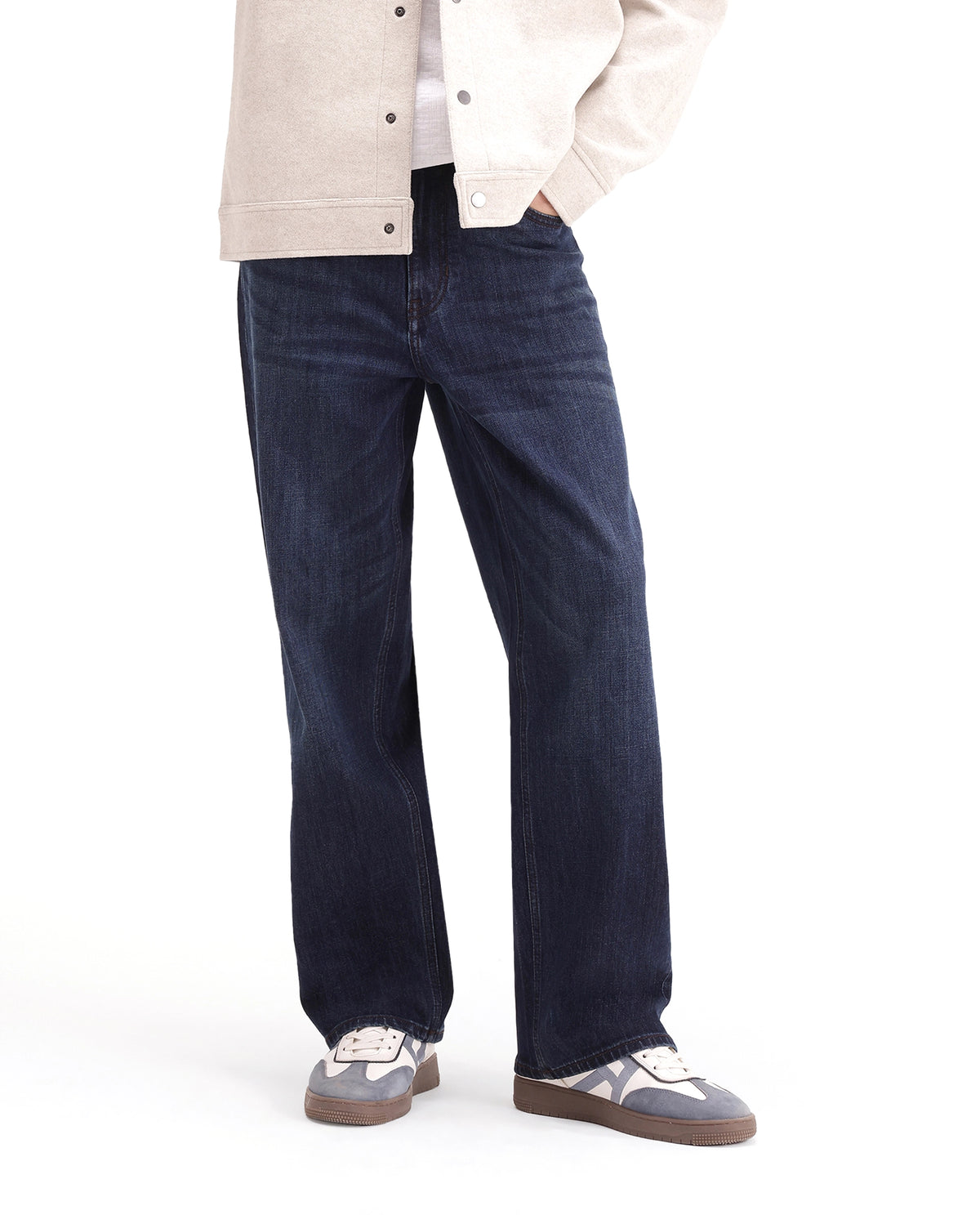 Rare Rabbit Men's Loom Dark Navy Cotton Blend Relaxed Plain Jeans